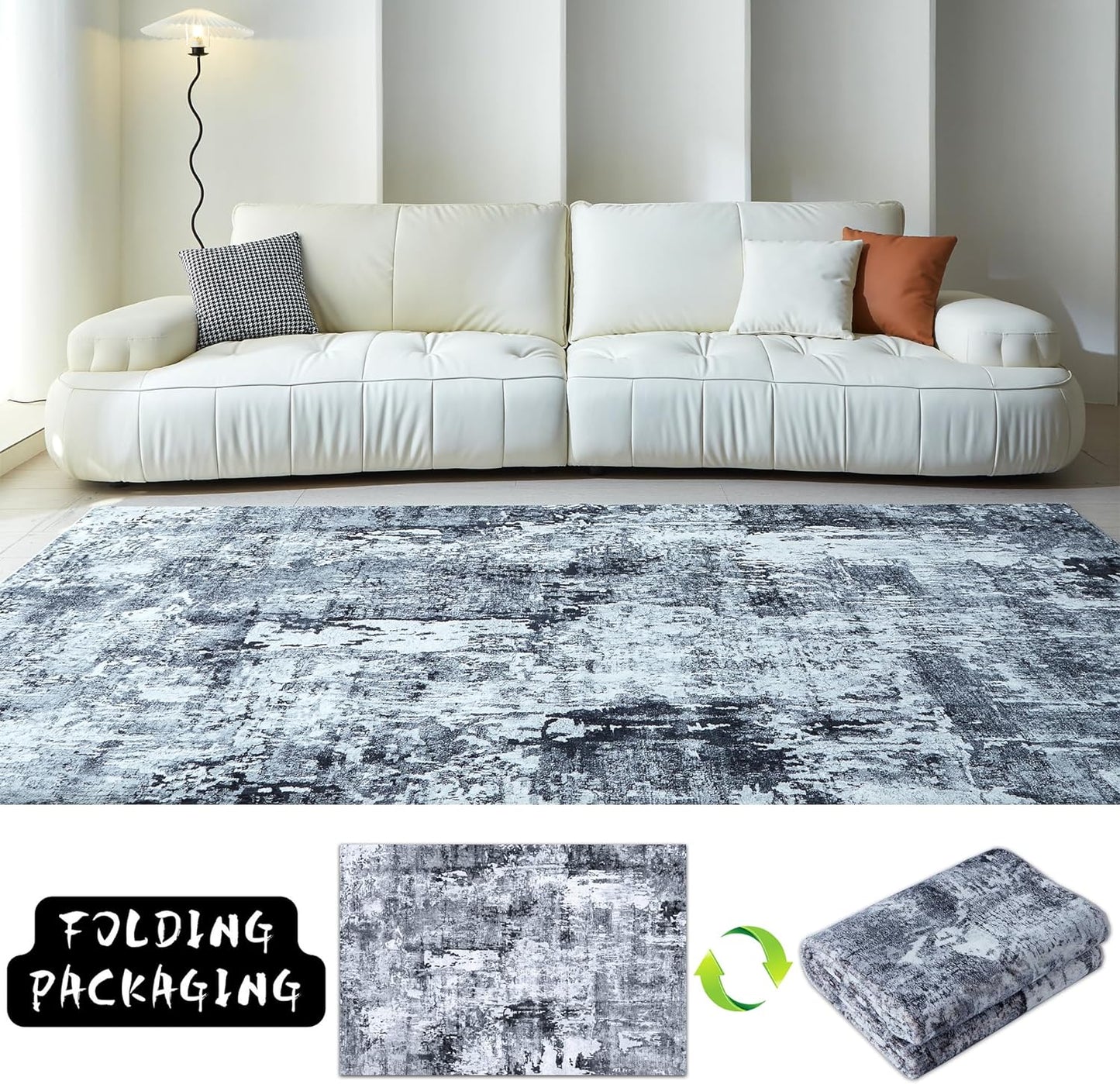 Area Rug 5x7 Washable Rug Boho Soft Abstract Pattern Non-Slip Faux Wool Vintage for Living Room, Bedroom, Farmhouse, Dining Room, Kids Playroom, Grey and Black