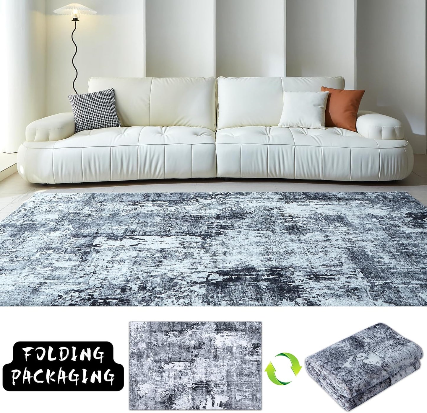 3x5 Rug Washable Boho Rug Soft Area Rug Abstract Pattern Non-Slip Non-Shedding Faux Wool Vintage Rug for Bedside, Bedroom Rug, Kitchen, Floor, Indoor, Laundry, Grey and Black