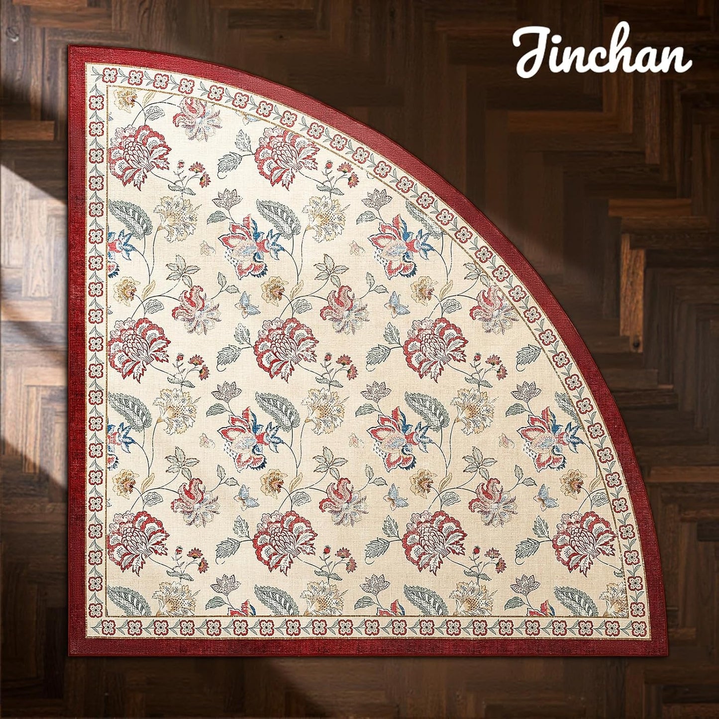 jinchan Floral Corner Rug for Entryway Washable Kitchen Rug Vintage Romance Design Non Slip Quarter Circle Lightweight Low-Pile Throw Carpet for Playroom Reading Nook Nursery, 4ft Radius, Red/Beige