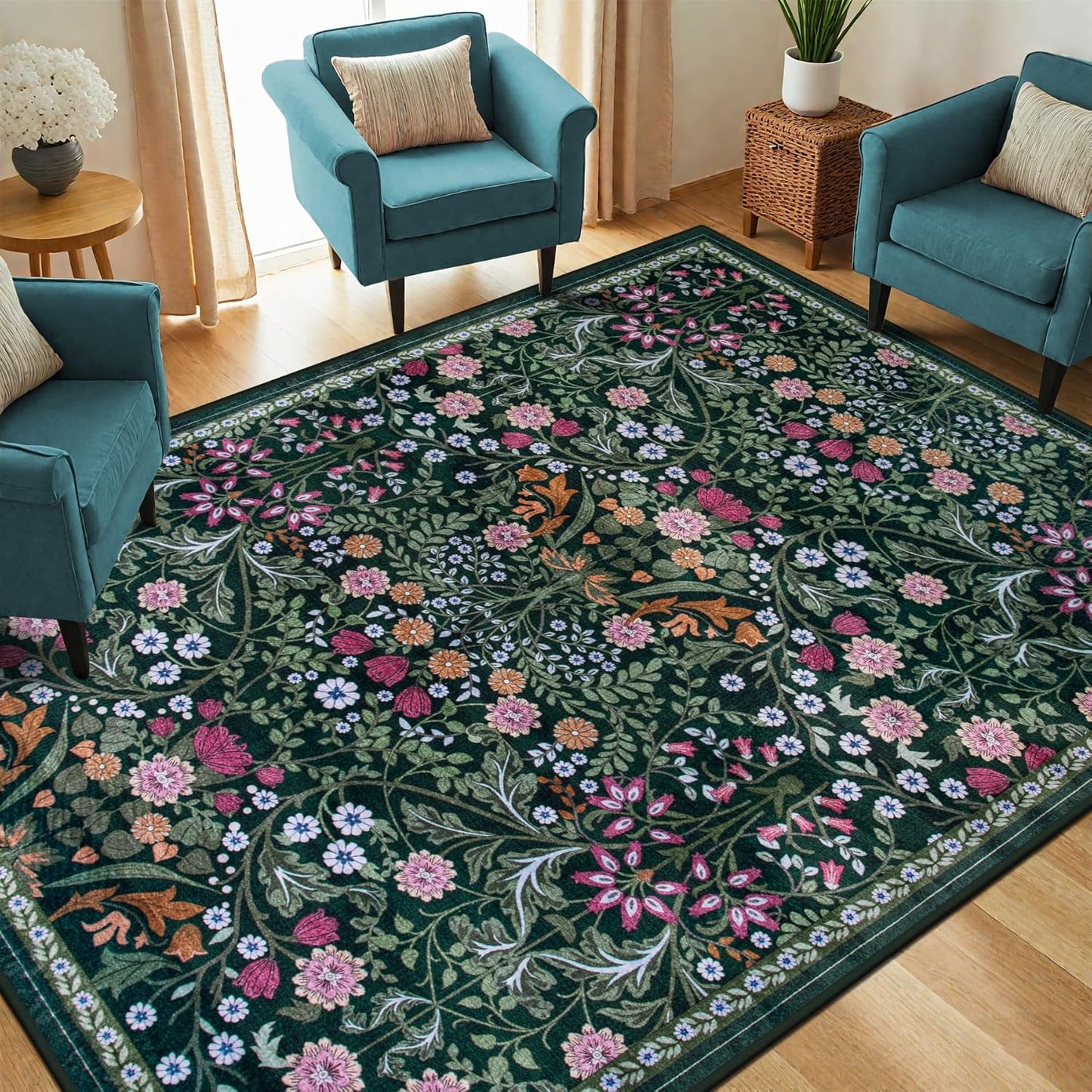 Area Rug Living Room Rugs: Floral 4x6 Washable Rug Vintage Soft Boho Non-Slip Carpet Indoor Floor Stain Resistant Large Carpets for Bedroom Dining Room Farmhouse Nursery Hallway Home Office Dark Green