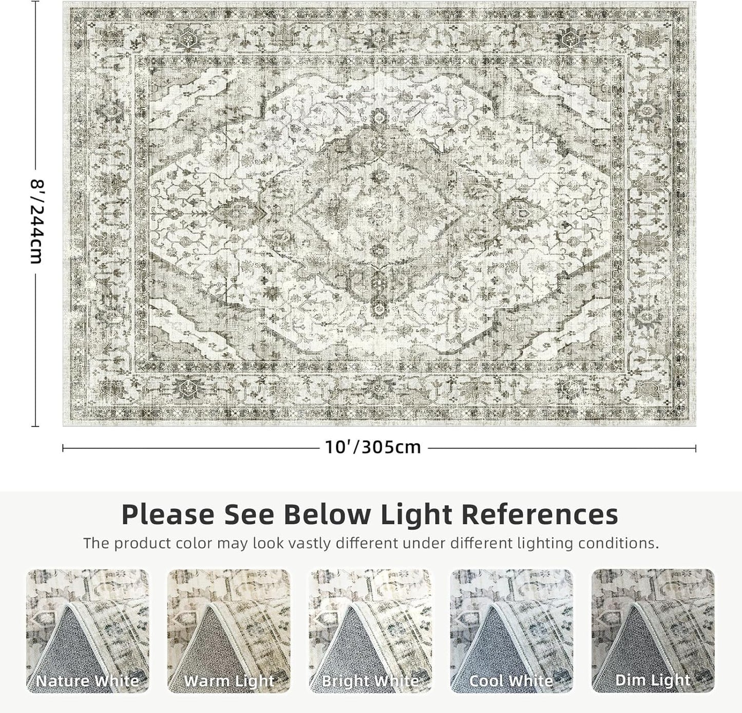 Deerly Washable Rugs 8x10 Area Rug Large Rugs for Living Room - Boho Large Vintage Non-Slip Distressed Carpet Aesthetic Print Floor Rug Cream