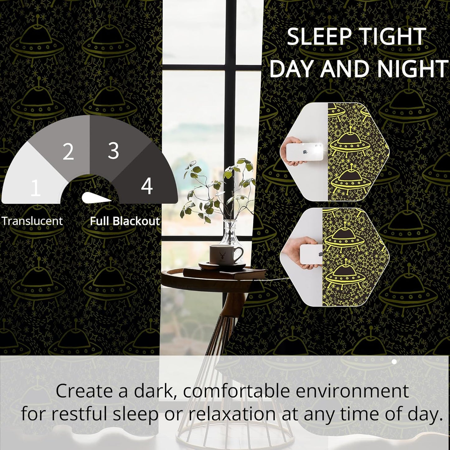 Kids Space Blackout Curtains - 100% Blackout, Thermal Insulated, Noise Reducing, UFO Design, Perfect for Kids Room and Nersury, 2 Panels (Neon UFO Night, W52×L84)