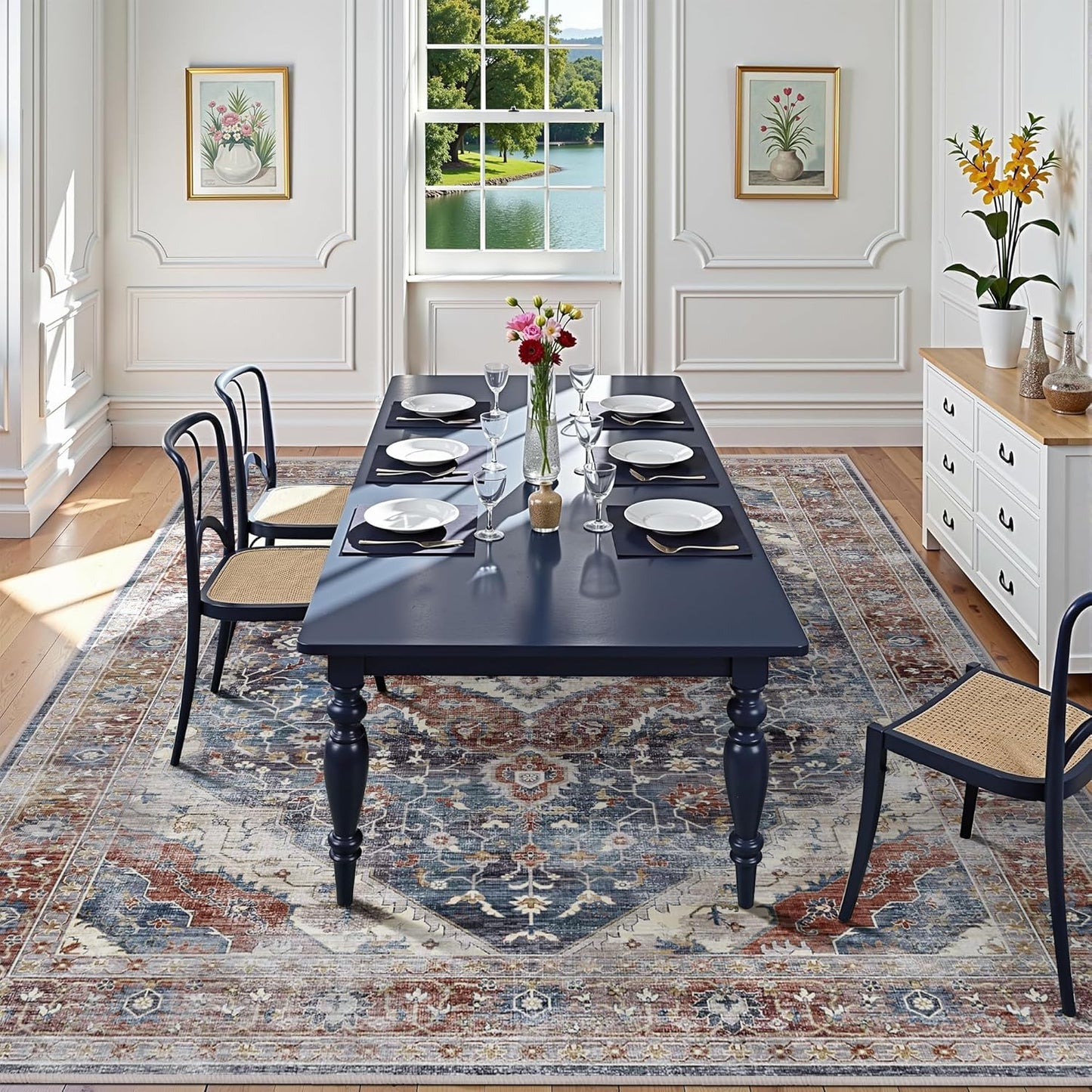 Deerly Boho Area Rug Large Rugs for Bedroom Machine Washable Rugs for Living Room Moroccan Non-Slip Oriental Area Rugs Carpet Floor Rug(Border Brown/Navy Blue 5x8ft)