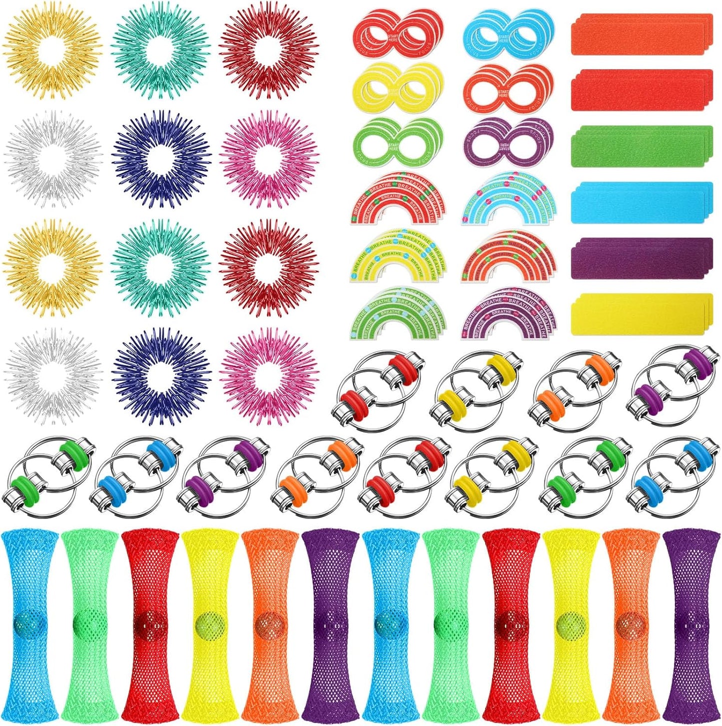 90 Pcs Sensory Fidget Toys Include 12 Sensory Rings 12 Flippy Roller Chain 12 Marble Mesh Fidget Toy 54 Anxiety Sensory Stickers for ADHD Autism Adults Teens Classroom Anxiety Stress Relief