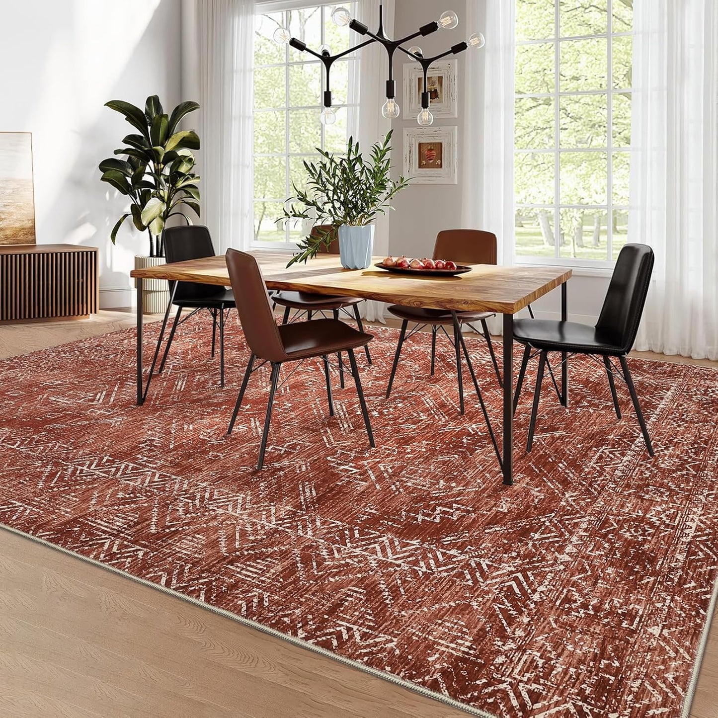 COZYLOOM 6x9 Washable Rug Modern Indoor Area Rug for Living Room or Bedroom Softness Foldable Mat for Easy Storage Abstract Geometric Design Non Slip Rug Low Pile Stain Resistant Carpet, Brick Red