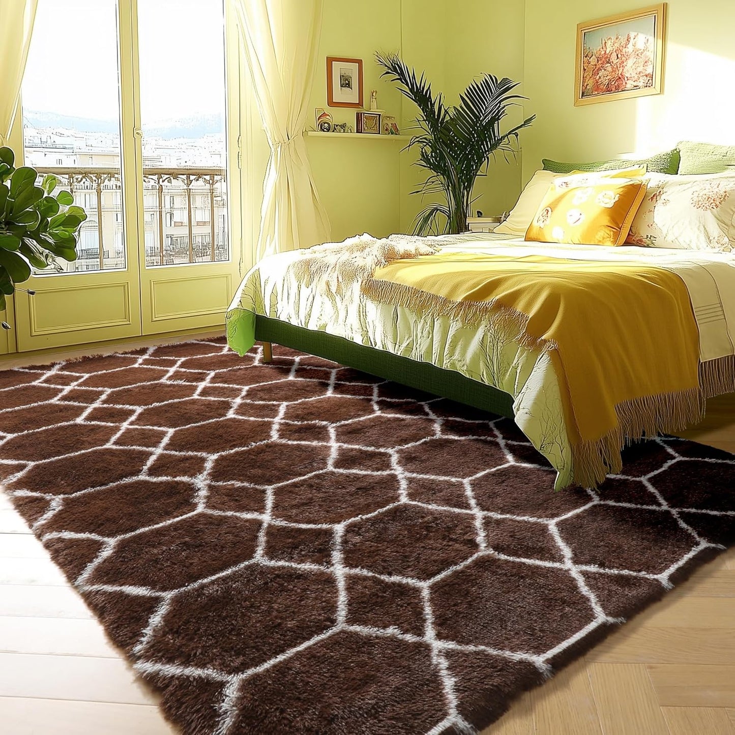 ONASAR 6x9 Area Rugs for Living Room Bedroom, Washable Large Fluffy Brown and White Throw Rug, Geometric Soft Plush Shaggy Fuzzy Floor Carpet for Nursery Kids Girls Boys Teen Dorm Home Office Decor