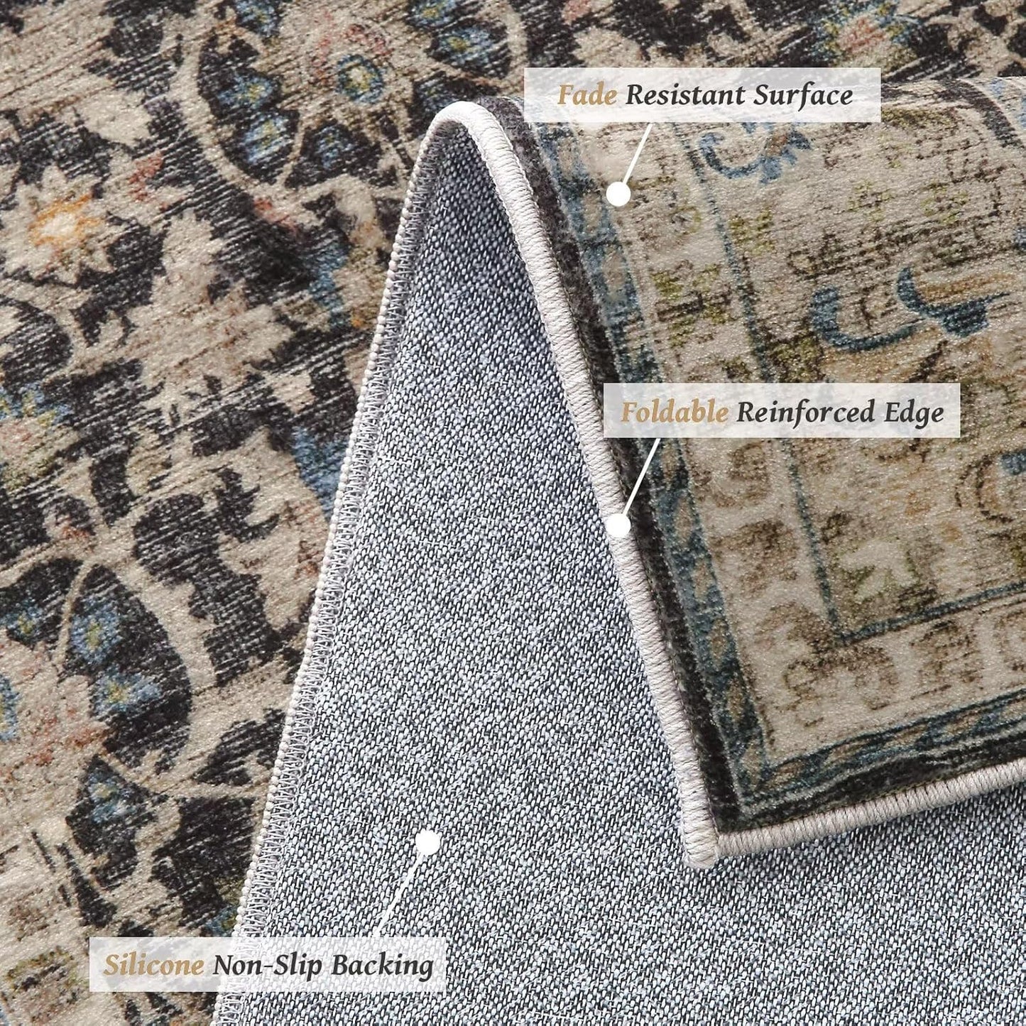 Washable 6x9 Area Rugs for Living Room, Boho Non-Slip Silicone Backing Large Rugs for Bedroom Dining Room Nursery Office, 0.3" Neutral Oriental Throw Carpet with 0.16" Cushioning Pad, Black/Multi