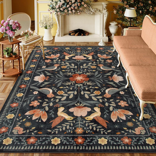 Moynesa Boho Birds 8x10 Area Rugs for Living Room, Black Floral Bedroom Rug Washable Low-Pile Playroom Rug, Vintage Soft Jungle Pattern Indoor Floor Carpet for Nursery Dining Room
