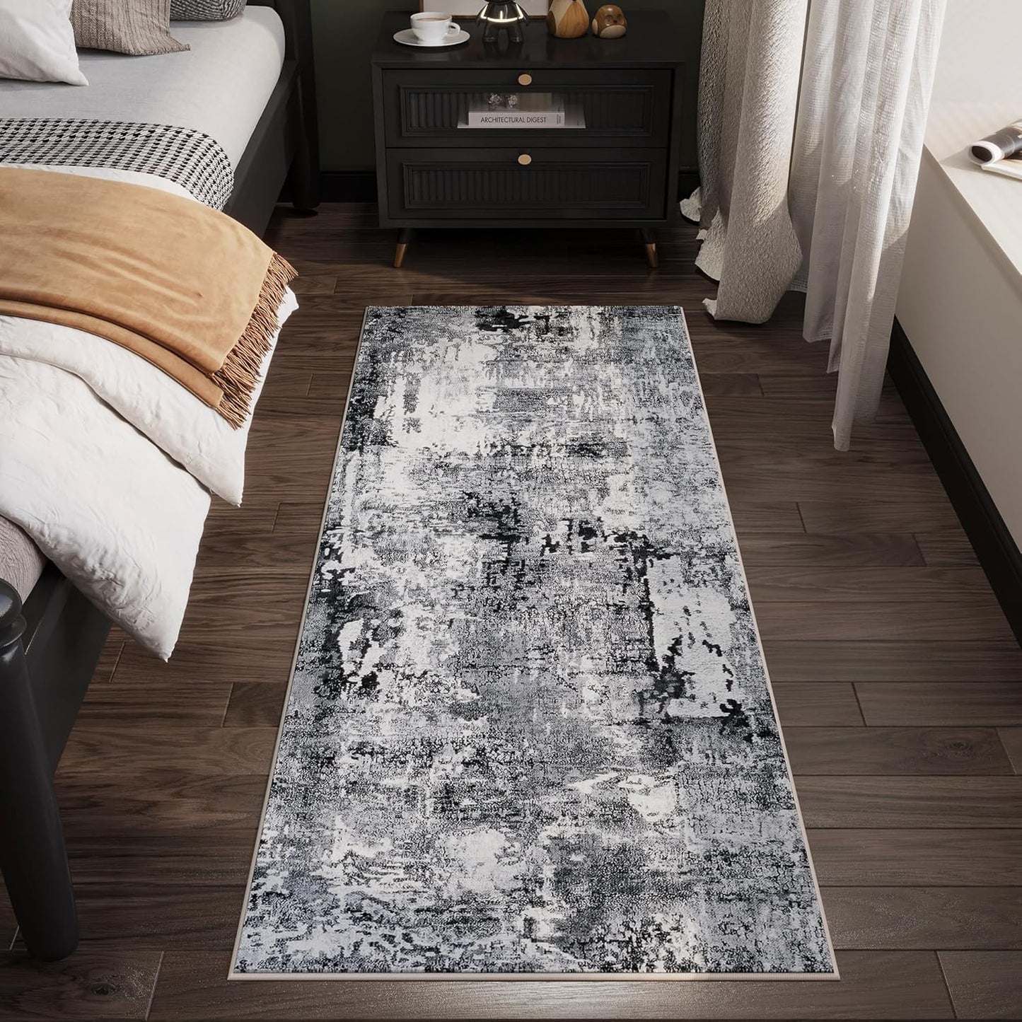 Runner Rug 2x6 Hallway Rugs Washable Boho Rug Soft Area Rug Abstract Pattern Non-Slip Faux Wool Vintage Rug for Kitchen, Entryway, Laundry, Bedroom, Grey and Black