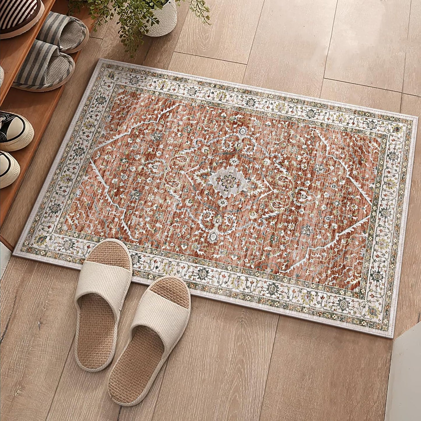 Deerly Washable Rug Small 2x3 Area Rug for Entryway Indoor Kitchen - Soft Rugs Low Pile Non-Slip Rubber Backing Oriental Indoor Area Rug (Border Brick Red ), 2'x3'