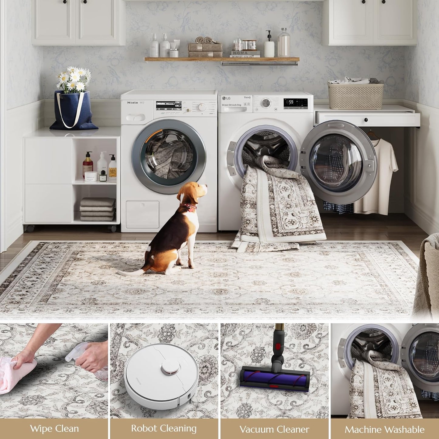 jinchan Floral 3x5 Area Rugs for Entryway - Beige Vintage Distressed Design Doormat Non-Slip Ultra-Thin Low Pile Boho Rug for Kitchen Living Room Bedroom Farmhouse (3‘x5',Beige)