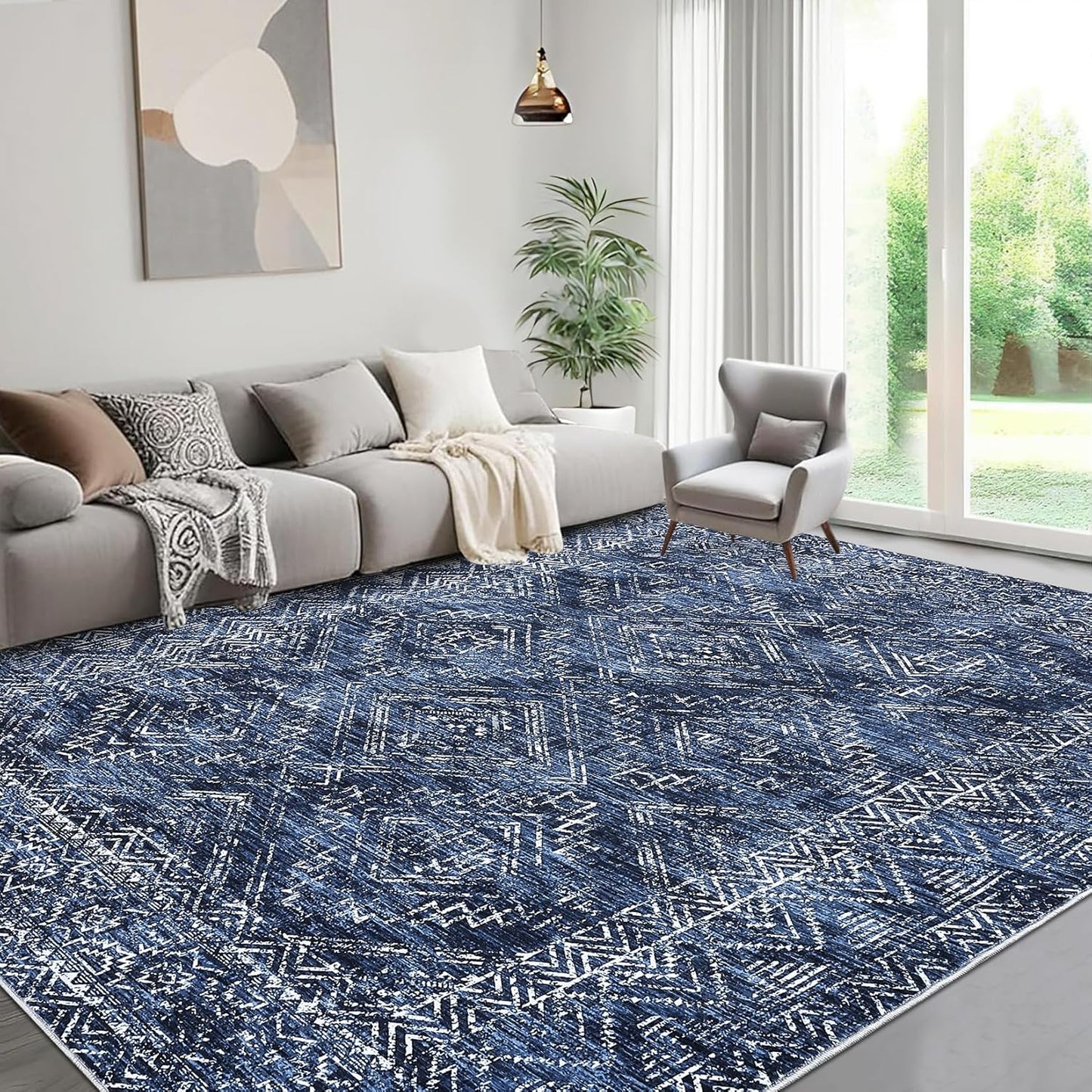 COZYLOOM Area Rug 5x7 Washable Rug for Living Room Bedroom Playroom Nursery Vintage Non Slip Low Pile Soft Throw Floor Cover Geometric Tribal Foldable Indoor Carpet, Blue