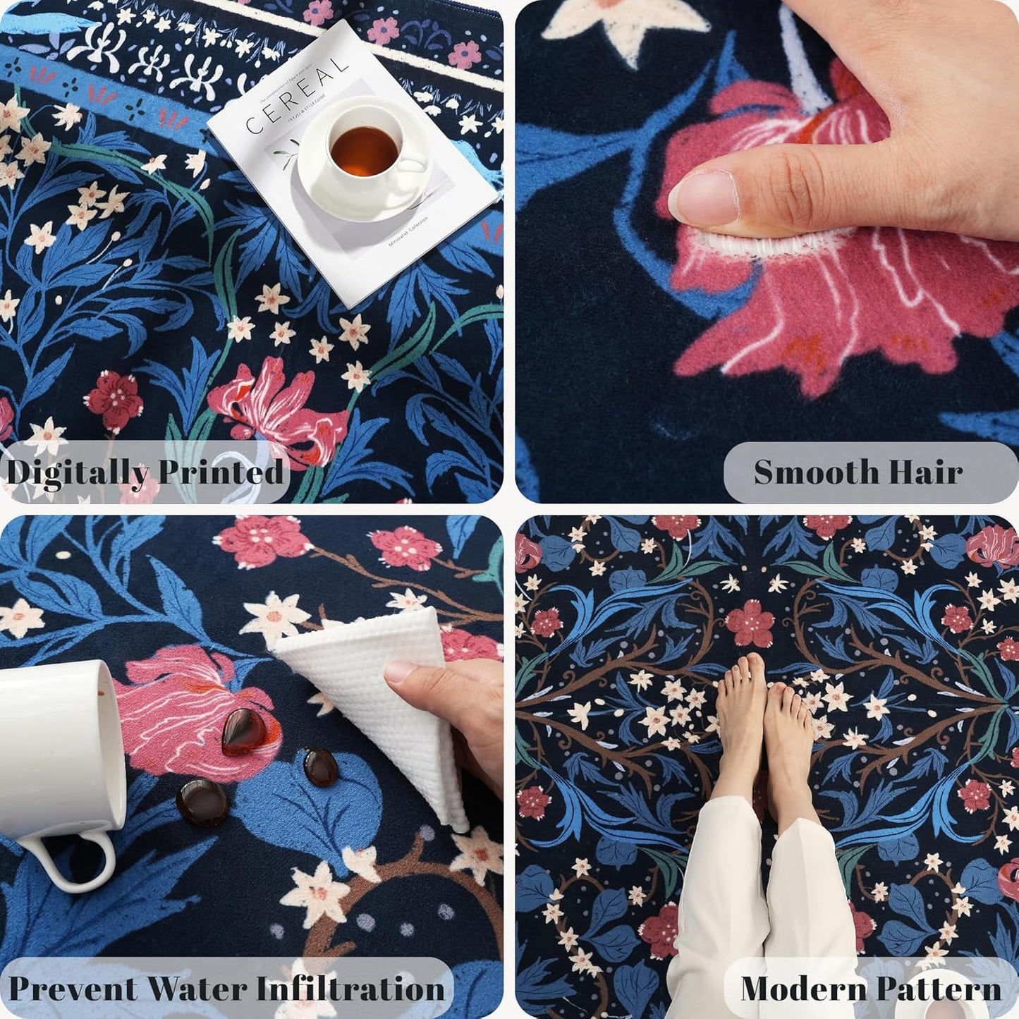 Runner Rug for Kitchen Rug Non Slip 2'x6' Washable Rugs with Rubber Backing Soft Vintage Floral Botanical Carpet Runner for Kitchen, Laundry, Bedroom, Bathroom, Blue