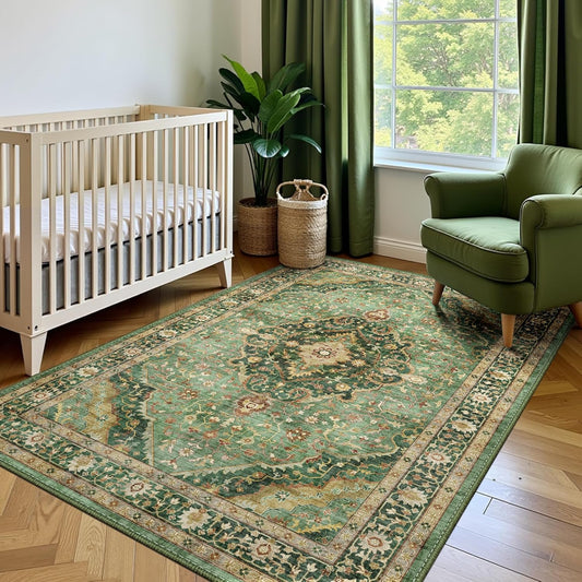 Deerly Green Rug 3x5 Area Rug with Non-Slip Backing, Washable Rugs for Bedroom Living Room Kitchen, Distressed Carpet Printed Low-Pile Soft Dorm Rug Room Decor(Border Green)