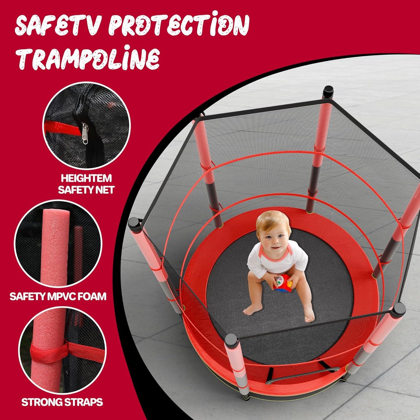 55IN Trampoline for Kids - Indoor/Outdoor Play with Enclosure Net - Easy to Assemble Recreational Trampoline - Red