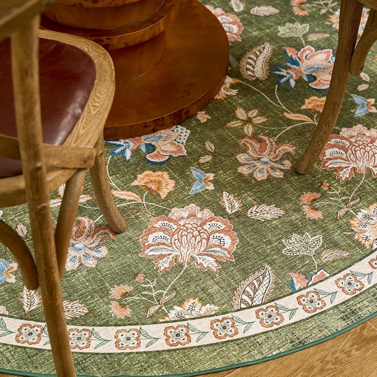 jinchan Floral Corner Rug for Living Room Washable Bedroom Rug Vintage Romance Design Non Slip Quarter Circle Lightweight Low-Pile Throw Carpet for Reading Nook Playroom,6ft Radius, Green