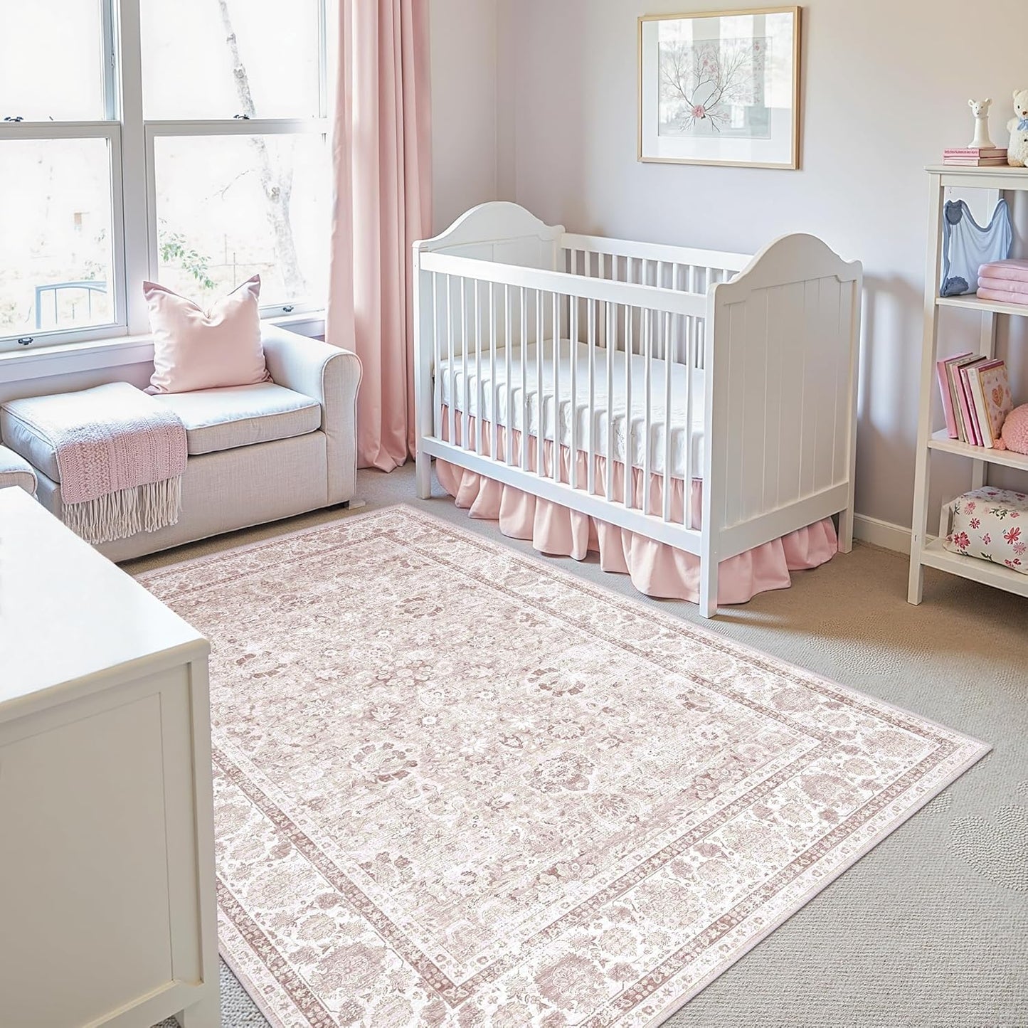 Light Pink Area Rugs 3x5 Nursery Rug for Baby Girl Neutral Floral Area Rug for Living Room, Vintage Boho Washable Rug Indoor Carpet for Bedroom Dining Room