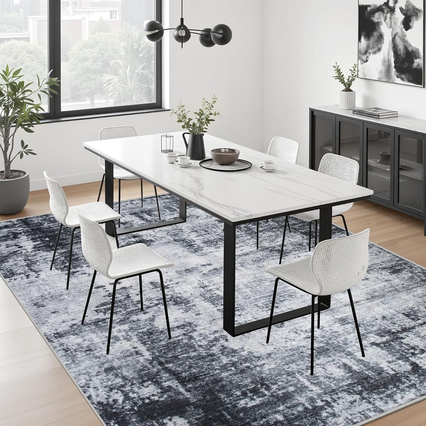 6x9 Area Rug Living Room Rug: Washable Modern Abstract Soft Thin Rug Indoor Floor No Slip Stain Resistant Carpet for Bedroom Dining Room Farmhouse Nursery Home Office - Dark Black