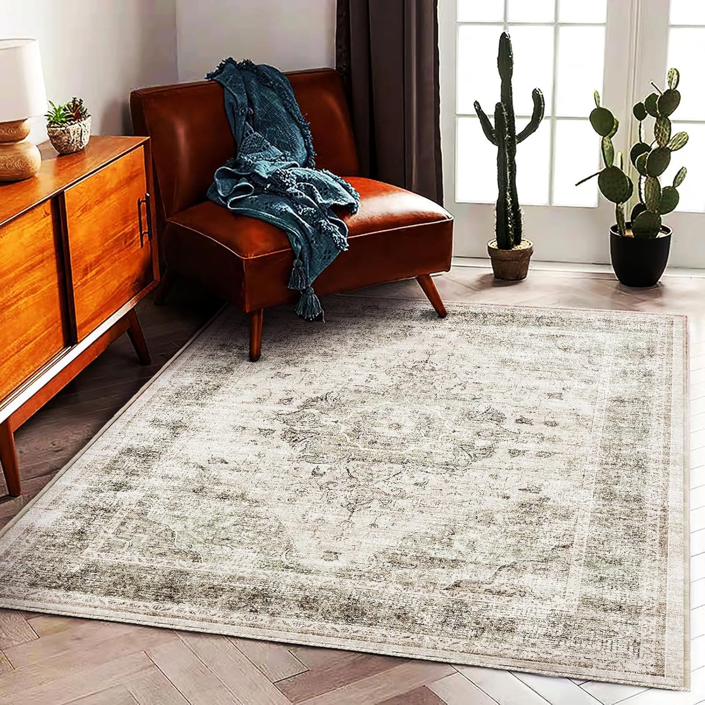 Area Rug 5'x7' Washable Rug Floral Khaki Traditional Floor Cover Thin Retro Kitchen Indoor Distressed Non Slip Carpet for Living Room Bedroom Dining Room