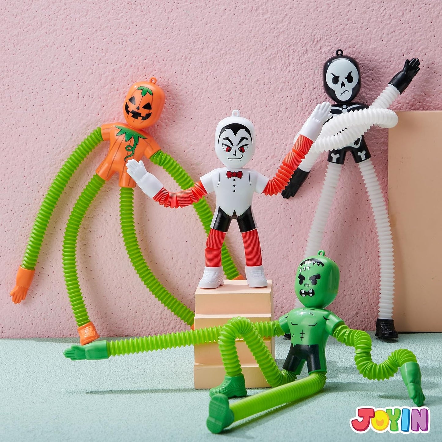 JOYIN 4 PCS Halloween Sensory Stretchy Fidget Toys, Stress Relief Telescopic Pop Tube Toys, Halloween Party Favors Children Gift, Frankenstein, Pumpkin, Skeleton, Vampire, Kids Autisms