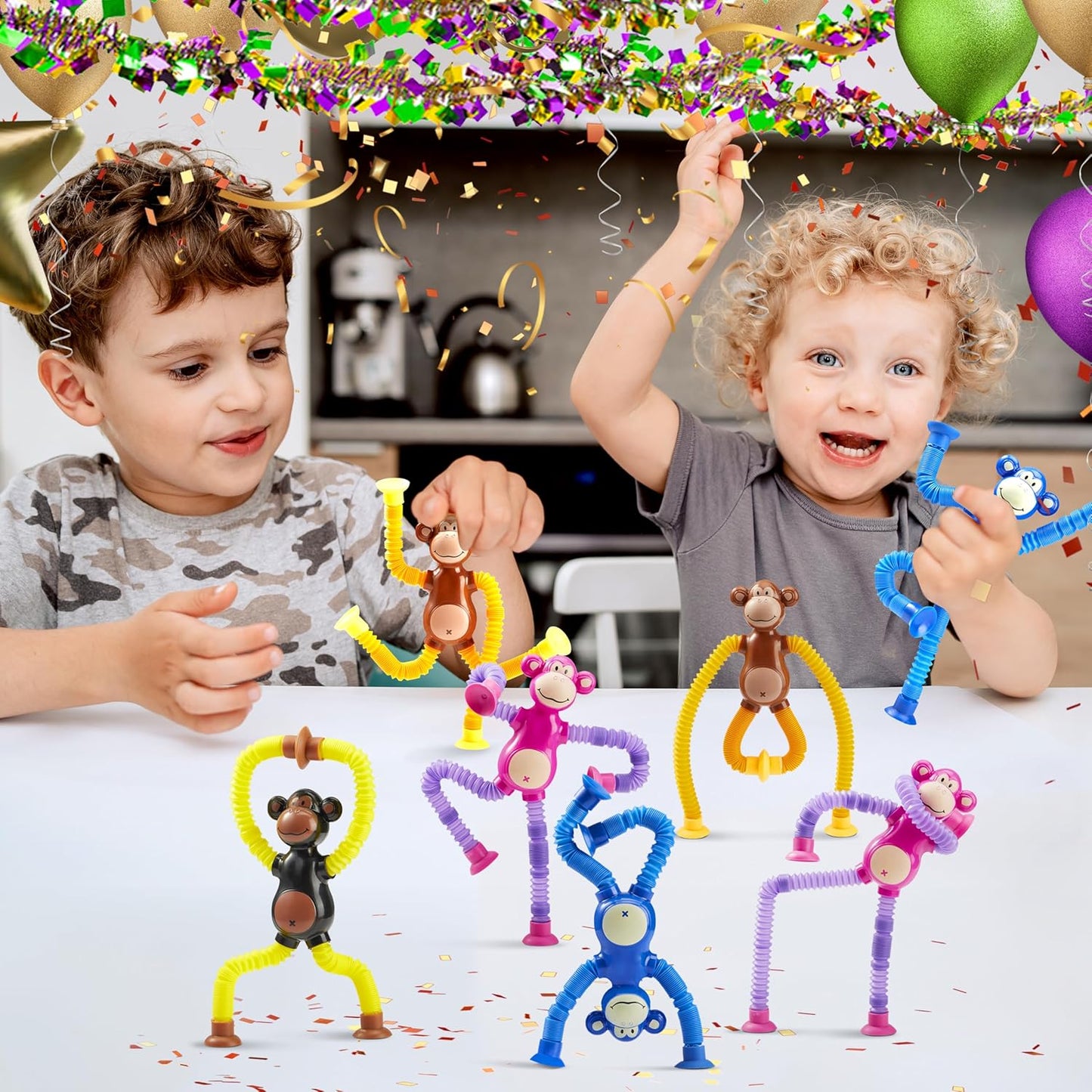 JOYIN Pop Tubes Monkey Toys for Kids, 4 Pcs Sensory Toys for Year Old Ages 3 4 5 6 7 8 9 10 Fidget Toys Birthday Gift for Toddler Boys Girls Adults Travel Toys Stocking Stuffers Party Favors