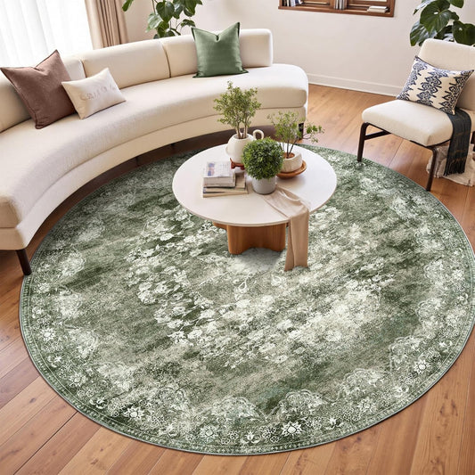 jinchan Round Rug 7ft Area Rug - Green Vintage Floor Mat Kitchen Indoor - Washable Circle 7' Thin Floral Print Carpet Retro Farmhouse Non Slip Dining Room Living Room Bedroom Office