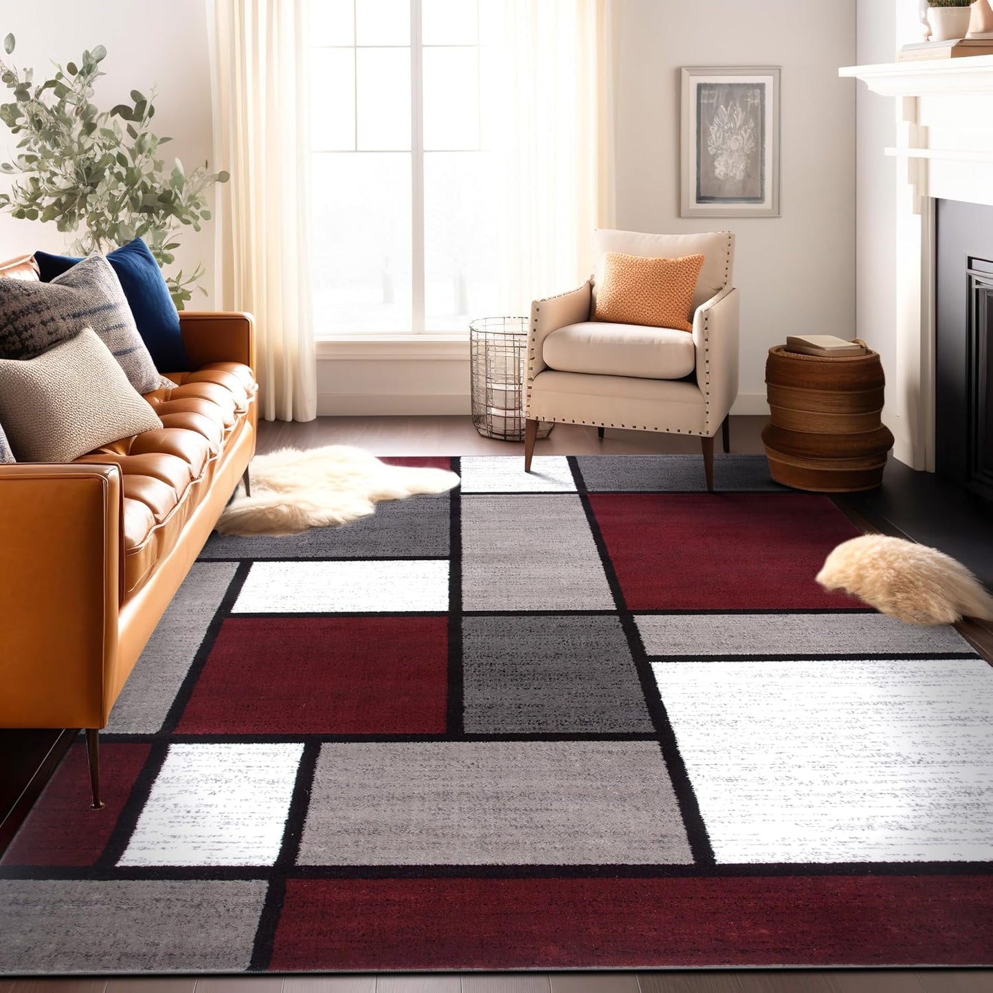 Rugshop Contemporary Modern Boxes Area Rug 5' 3" X 7' 3" Red