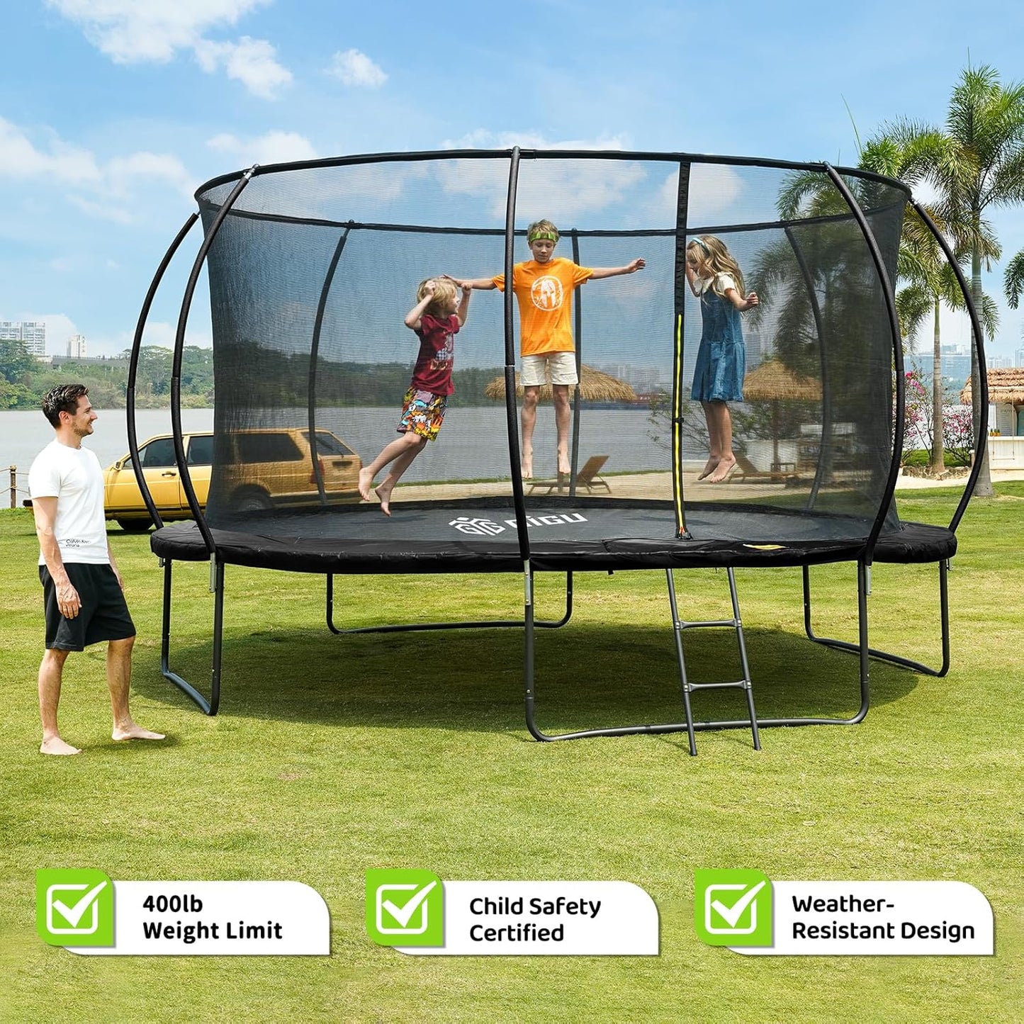 Gigu 10FT 12FT 14FT Recreational Trampolines with Enclosure Net and Ladder and Anti-Rust Coating, ASTM Approved Trampoline Outdoor for Kids and Adults Outdoor Yard Trampolines