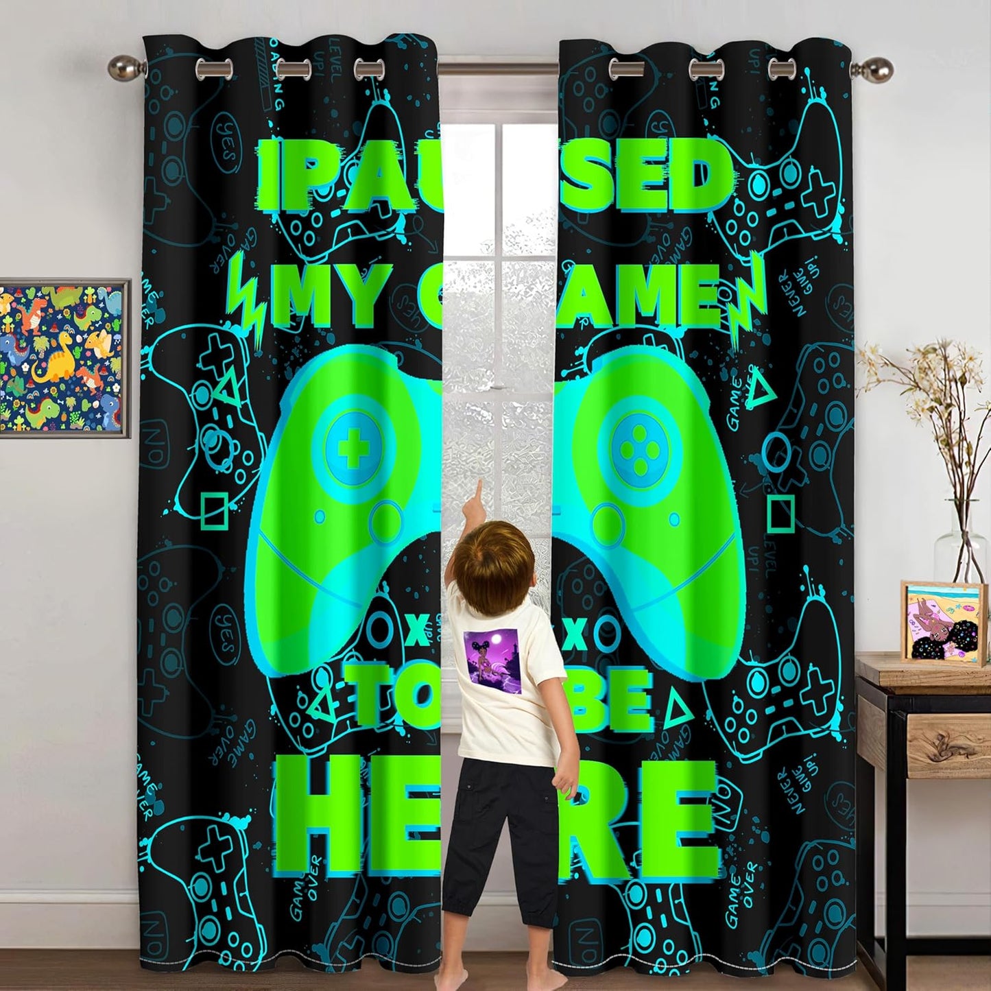 Gaming Gamepad Blackout Curtains - 2Pcs Game Windows Curtain Panels for Teens Boys Bedroom Green Gaming Console Curtains for Boys Kids Room Decor Grommet Top Thermal Insulated, 82 in x 84 in