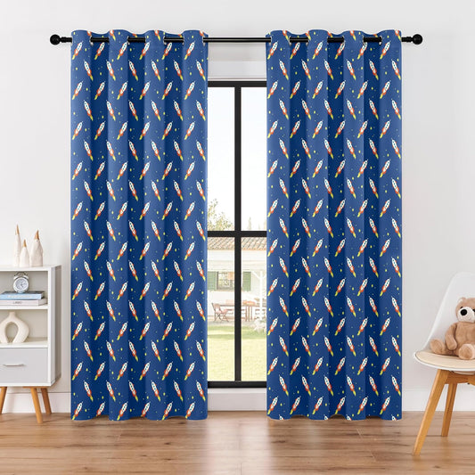 Kids Space Rocket Blackout Curtains - 100% Blackout, Thermal Insulated, Noise Reducing, Perfect for Kids Room and Nursery, 2 Panels (Rocket Blast-Off Repeat, W52×L84)