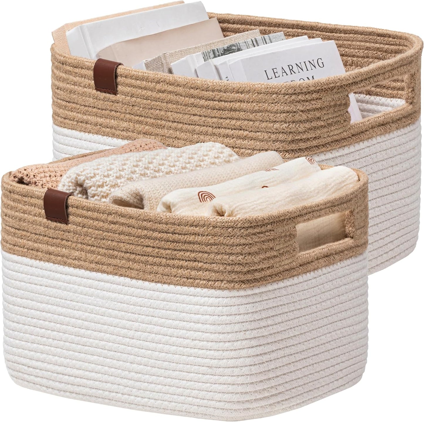 UBBCARE 2 Pack Baskets for Organizing, Woven Storage Baskets with Label for Toys and Towel, Rectangle Cotton Rope Basket with Handles, 15''L x10''W x9''H, Jute&White