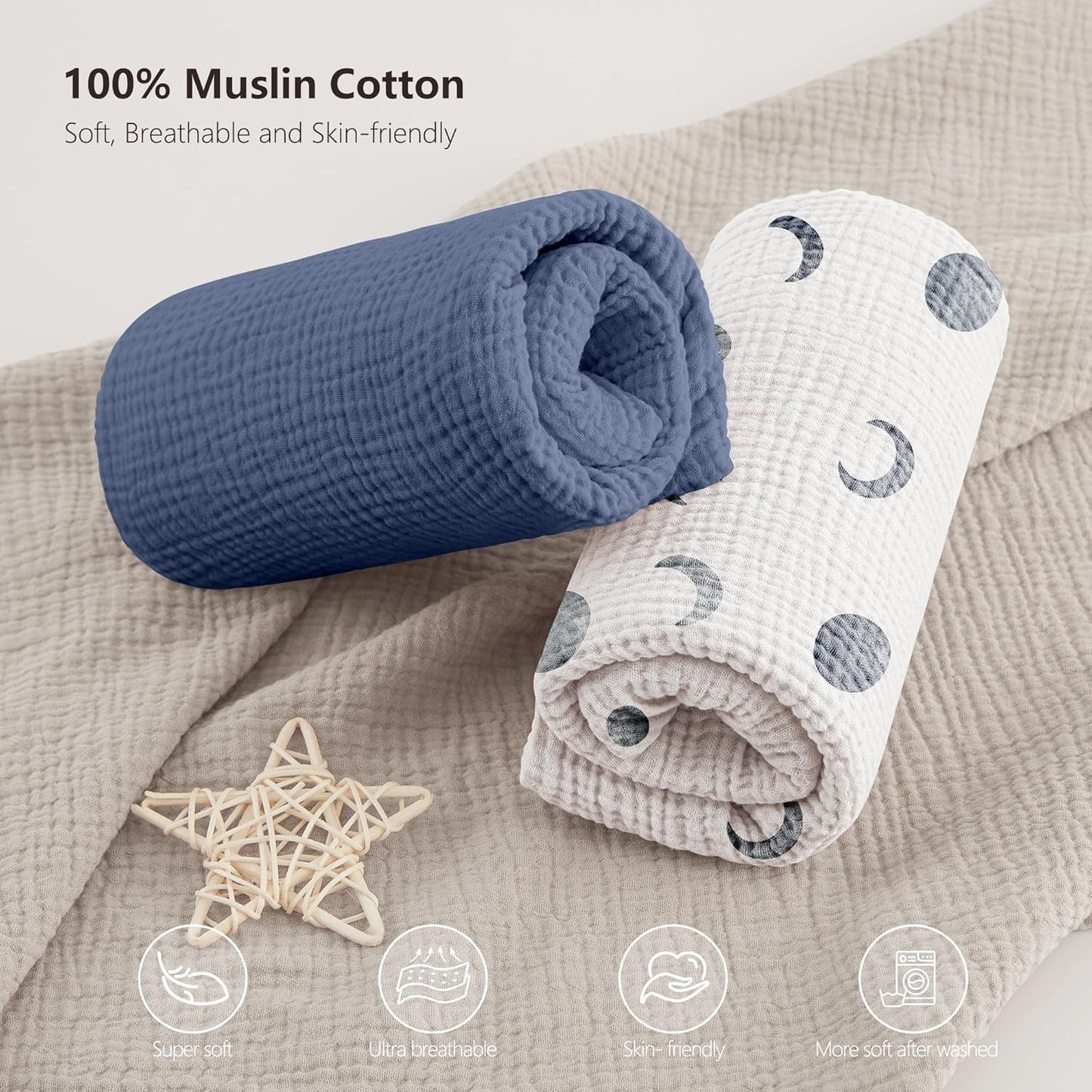 Bearmoss Muslin Crib Sheets 100% Cotton Baby Crib Sheets Soft&Breathable Nursery Sheet 52"x28" for Standard Crib Mattress&Toddler Bed Mattress - 2 Pack (Blue Crescent)