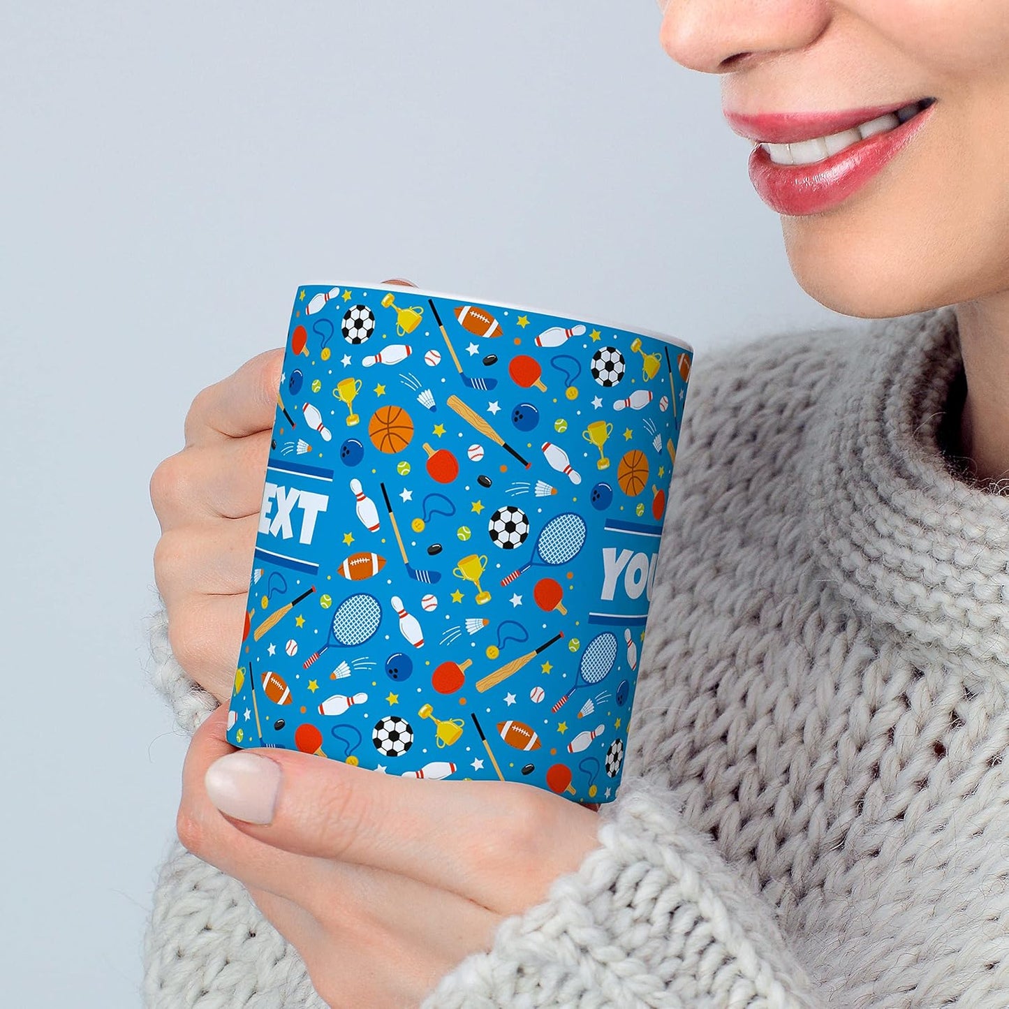 Personalized Mug for Kids - Sports - Custom Name/Text, Ceramic Hot Chocolate/Cocoa/Coffee Cup for Boys/Girls, Birthday/Christmas/Holiday Gift - 11 oz, Light Blue Handle