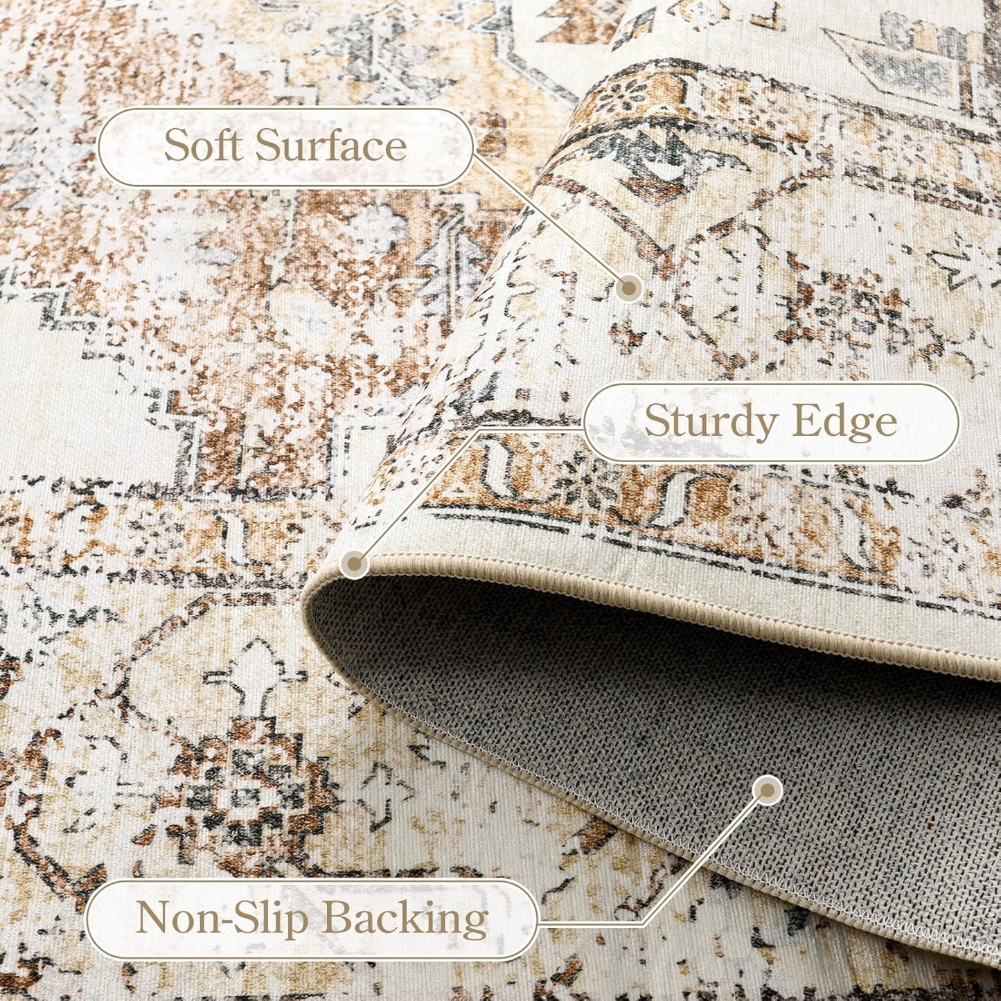 Lahome 9x12 Area Rugs for Living Room - Boho Non-Slip Washable Carpet Ultra-Thin Large Rug Lightweight Throw Foldable Dining Room Mat，Farmhouse Neutral Print Carpet for Bedroom Guest Room (Taupe)