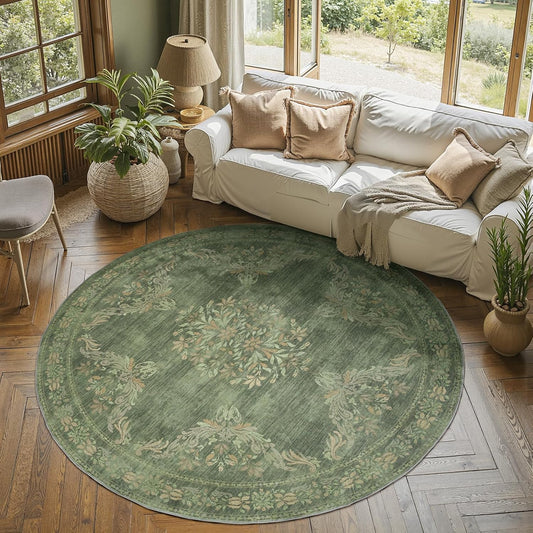 jinchan Round Rug 6ft Area Rugs Vintage Floral Distressed Design,Machine Washable Soft Non-Slip Low-Pile Ultra-Thin Circle Rug for Bedside Living Room Dining Room Bedroom (6' Round, Dark Green)