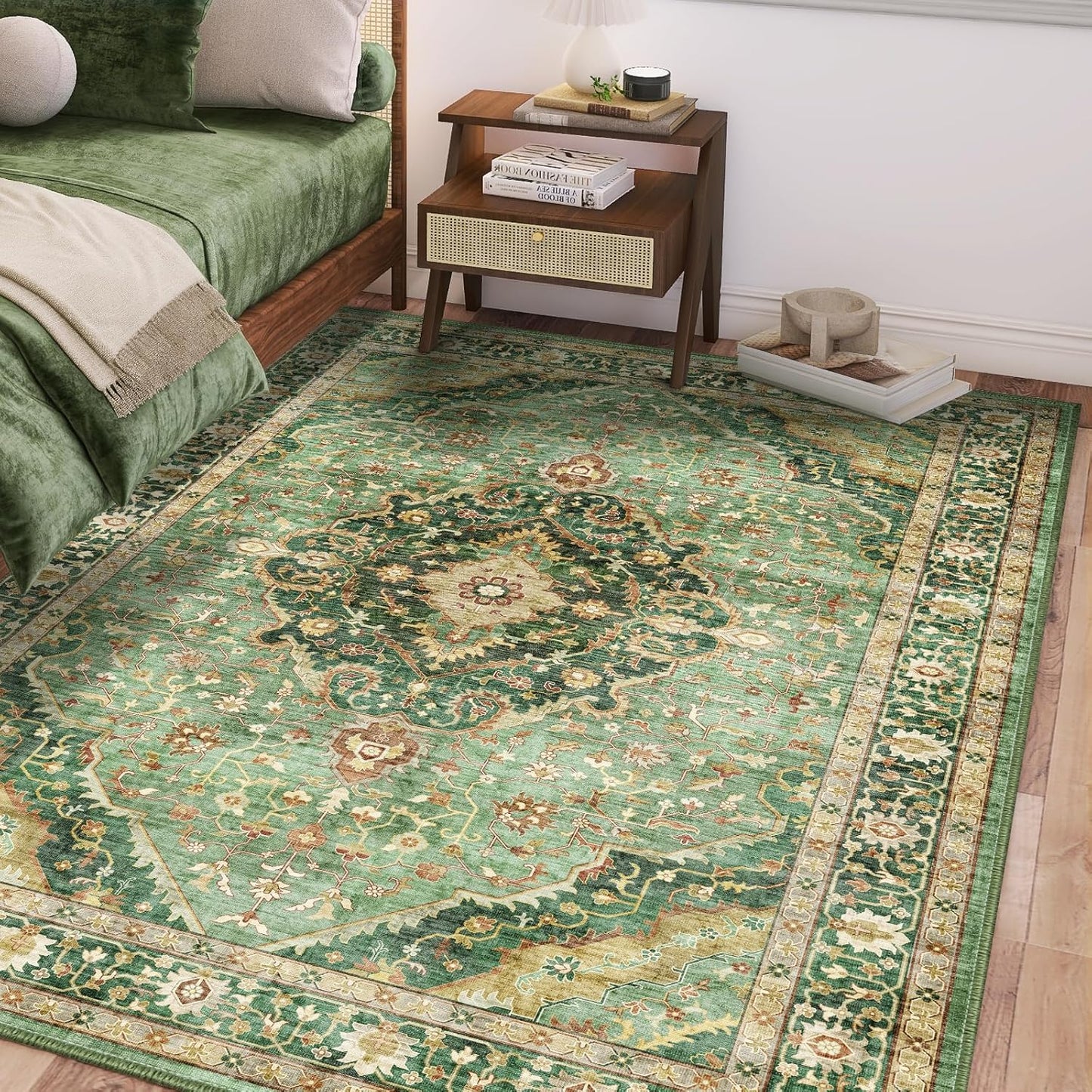 Green Rugs for Living Room - Boho 4x6 Area Rug Ultra Soft Vintage Rugs for Bedroom Playroom Decor, Low Pile Non-Slip Backing Throw Rugs Washable (Border Green