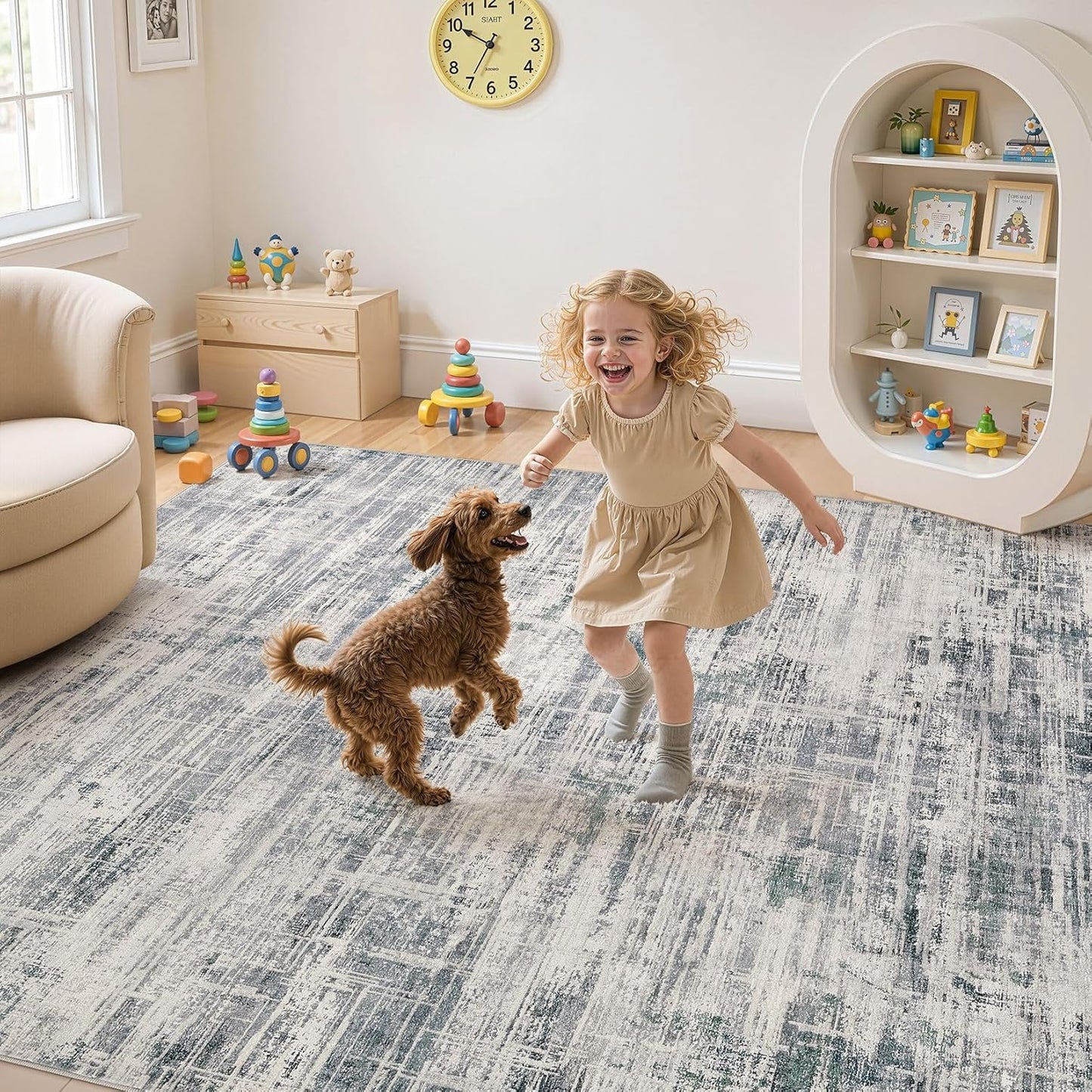 Area Rug for Living Room: 7x9 Washable Neutral Abstract Modern Soft Rugs Non Slip Indoor Floor Stain Resistant Large Carpet for Bedroom Dining Room Office Nursery - Gray