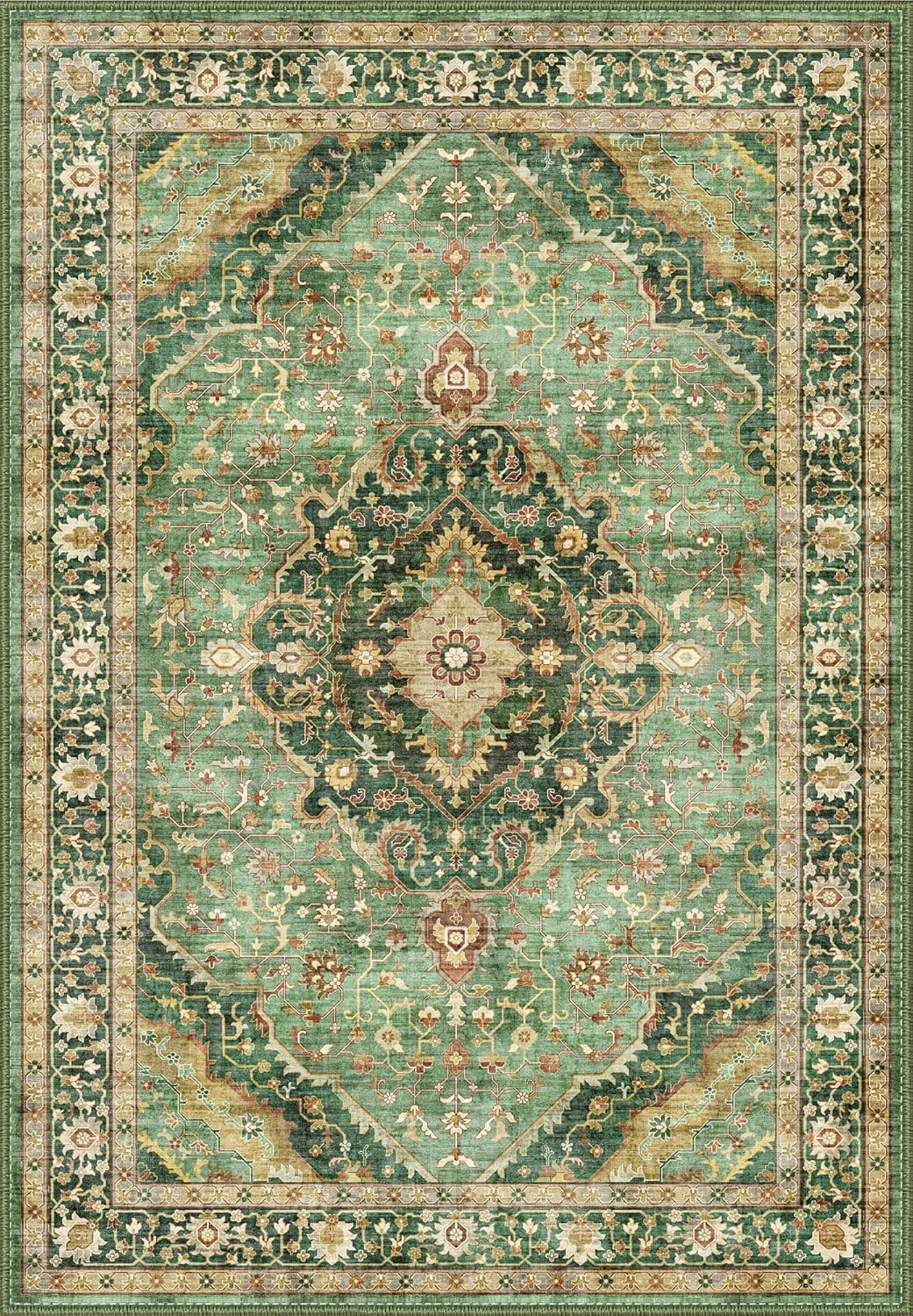 6x9 Vintage Rugs for Dining Room, Washable Rugs Non Slip Large Area Rug for Living Room Bedroom Office, Floor Decoration Big Rug Mat Low-Pile Kid & Pet Friendly(Border Green)