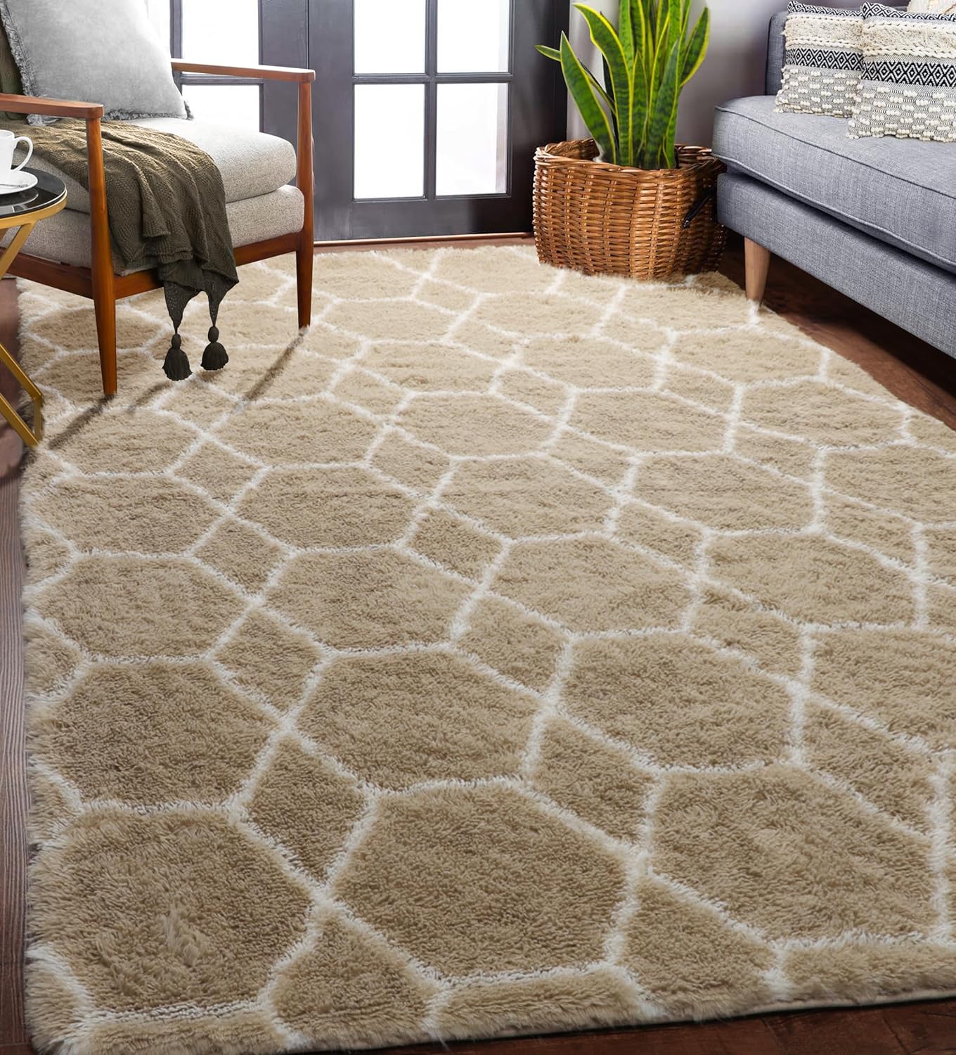 ONASAR Area Rugs for Bedroom Living Room, Washable 4x6 Fluffy Beige and White Throw Rug, Geometric Soft Shaggy Fuzzy Plush Indoor Floor Carpet for Kids Teen Nursery Dorm Office Home Decor Aesthetic