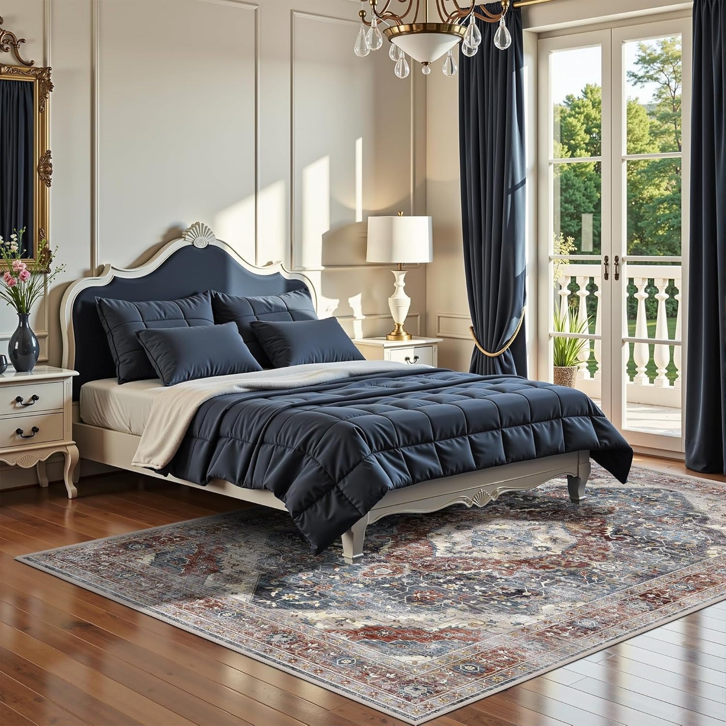 Boho Area Rug 4x6 Bedroom Rugs Ultra Soft Indoor Washable Rugs for Living Room Bedroom Laundry Room Decor, Low Pile Non-Slip Backing(Border Brown/Navy Blue)