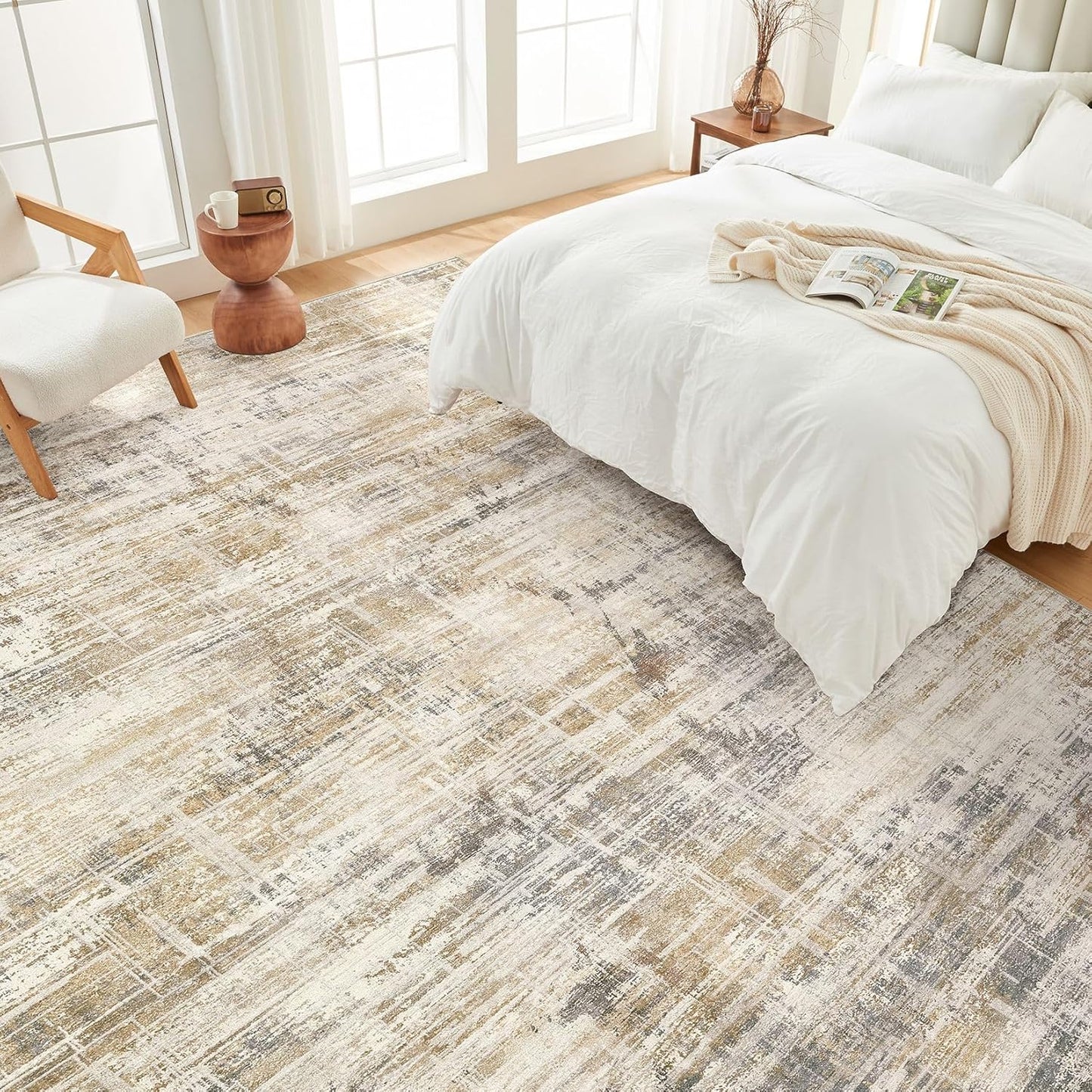 Area Rug for Living Room: 5x7 Washable Neutral Abstract Modern Soft Rugs Non Slip Indoor Floor Stain Resistant Carpet for Bedroom Dining Room Office Nursery - Golden Brown