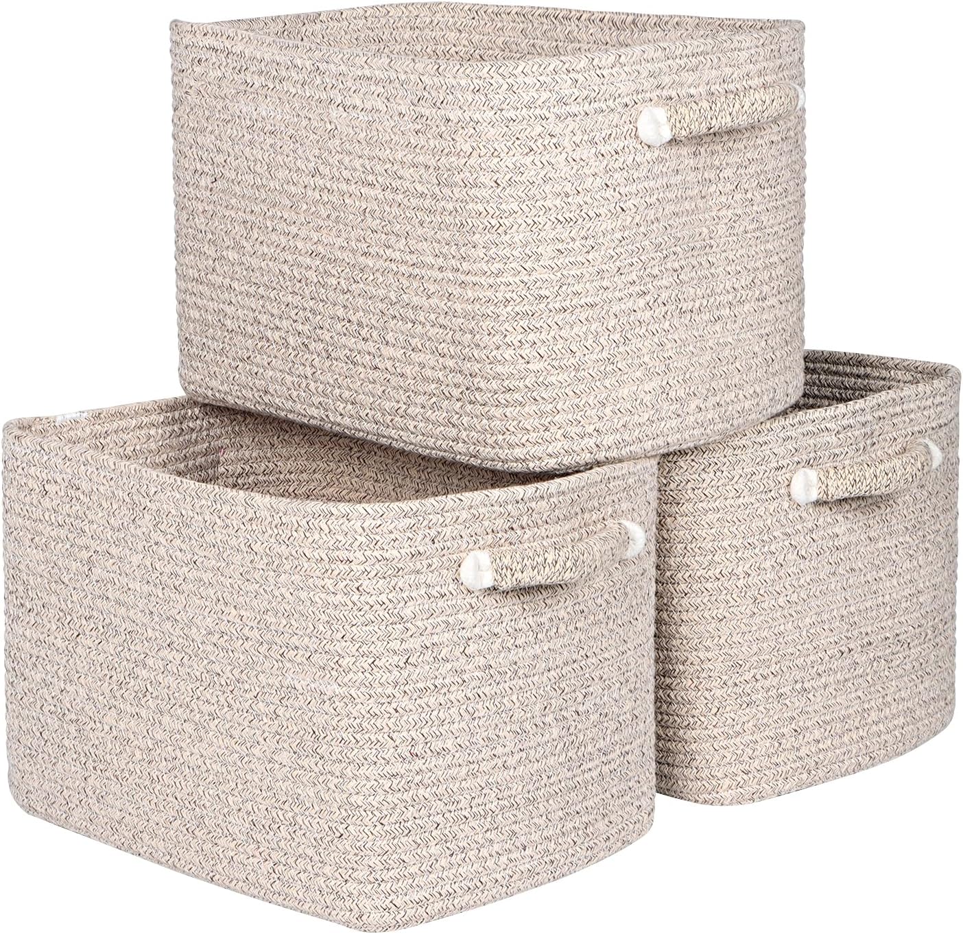 Kntiwiwo Storage Baskets for Organizing 14.7”x11”x9.6” Rope Storage Baskets for Shelves with Handles, Decorative Closet Baskets & Bins, Large Woven Baskets for Storage, Beige & Brown