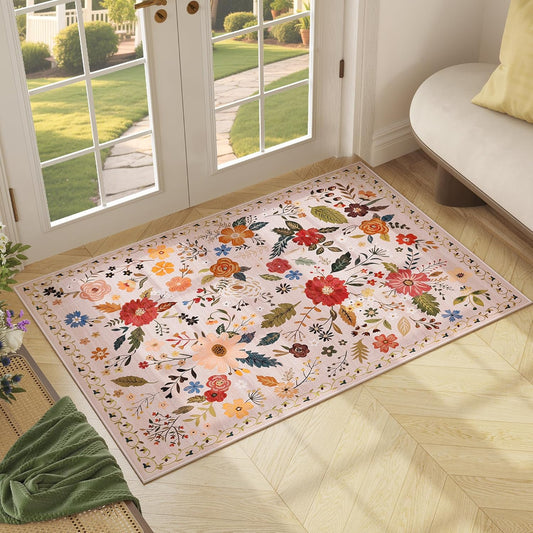 3x5 Area Rug, Floral Pink Washable Rug for Entryway, Non Slip Flower Area Rugs, Soft Low Pile Indoor Doormat Small Carpet, Rugs for Living Room Bedroom Nursery Kitchen Dining Room, Pink/Beige