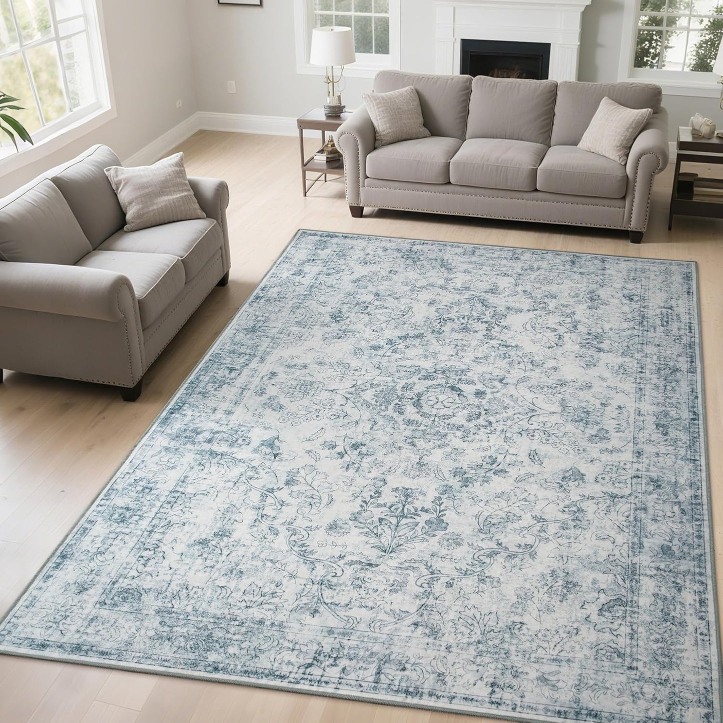 Light Blue 6x9 Area Rug Machine Washable for Living Room, Distressed Non Slip Rugs for Bedroom, Traditional Indoor Retro Floral Accent Vintage Carpet for Office Dining Room, Dorm