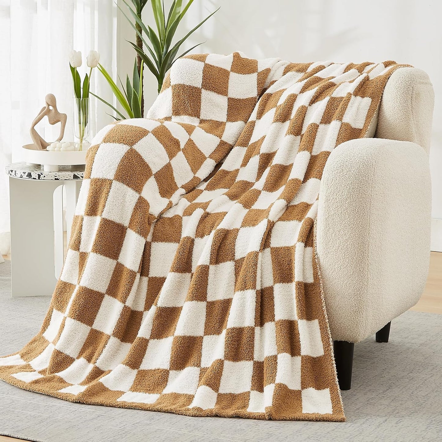 WRENSONGE Checkered Throw Blanket, Burnt Orange Soft Cozy Fluffy Warm Hand Made Throw Blankets for Couch, Sofa, Chair, Bed, Camping, Picnic, Travel Lightweight Bed Blanket - 50"*70"