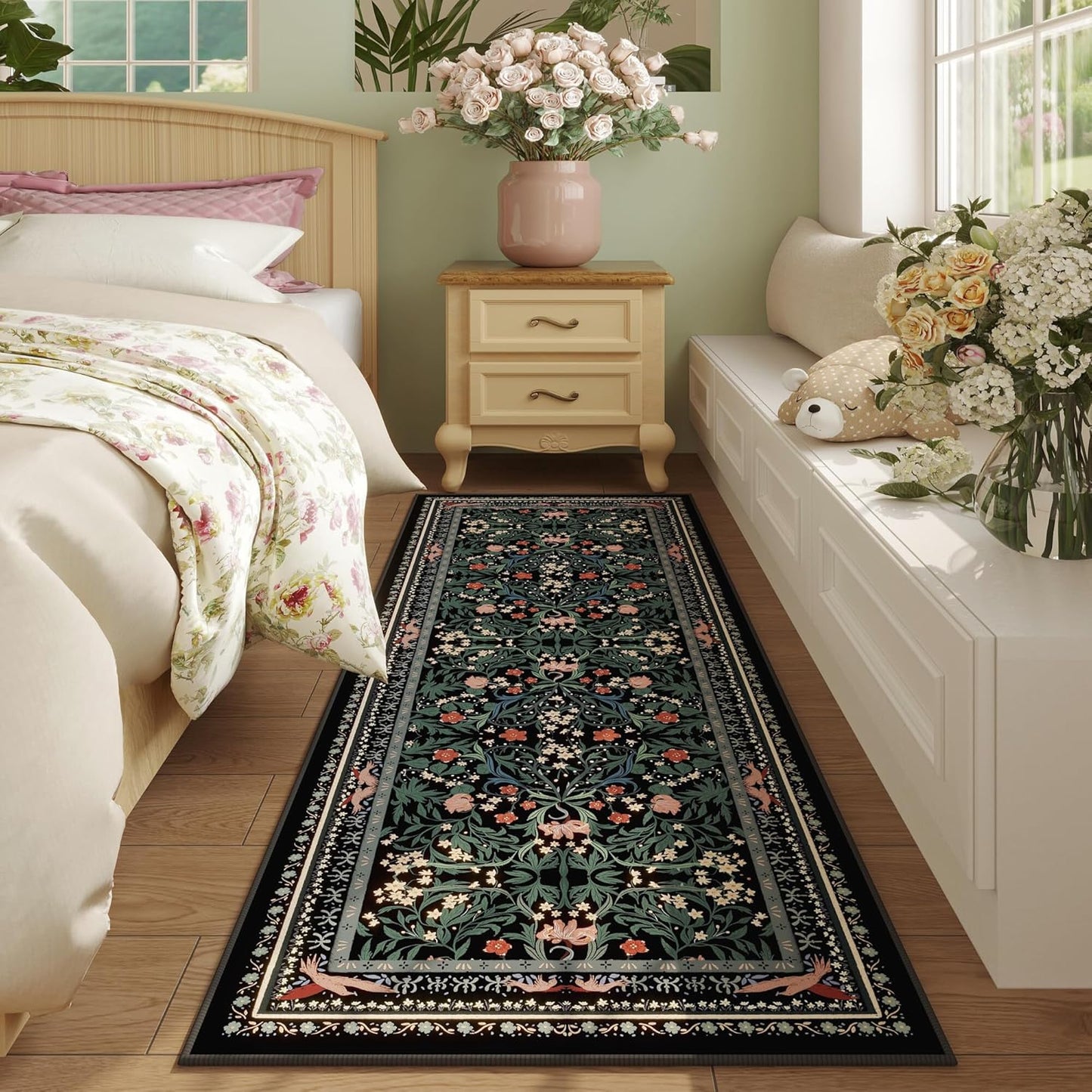 Runner Rug for Kitchen Rug Non Slip 2'x6' Washable Rugs with Rubber Backing Soft Vintage Floral Botanical Carpet Runner for Kitchen, Laundry, Bedroom, Bathroom, Black