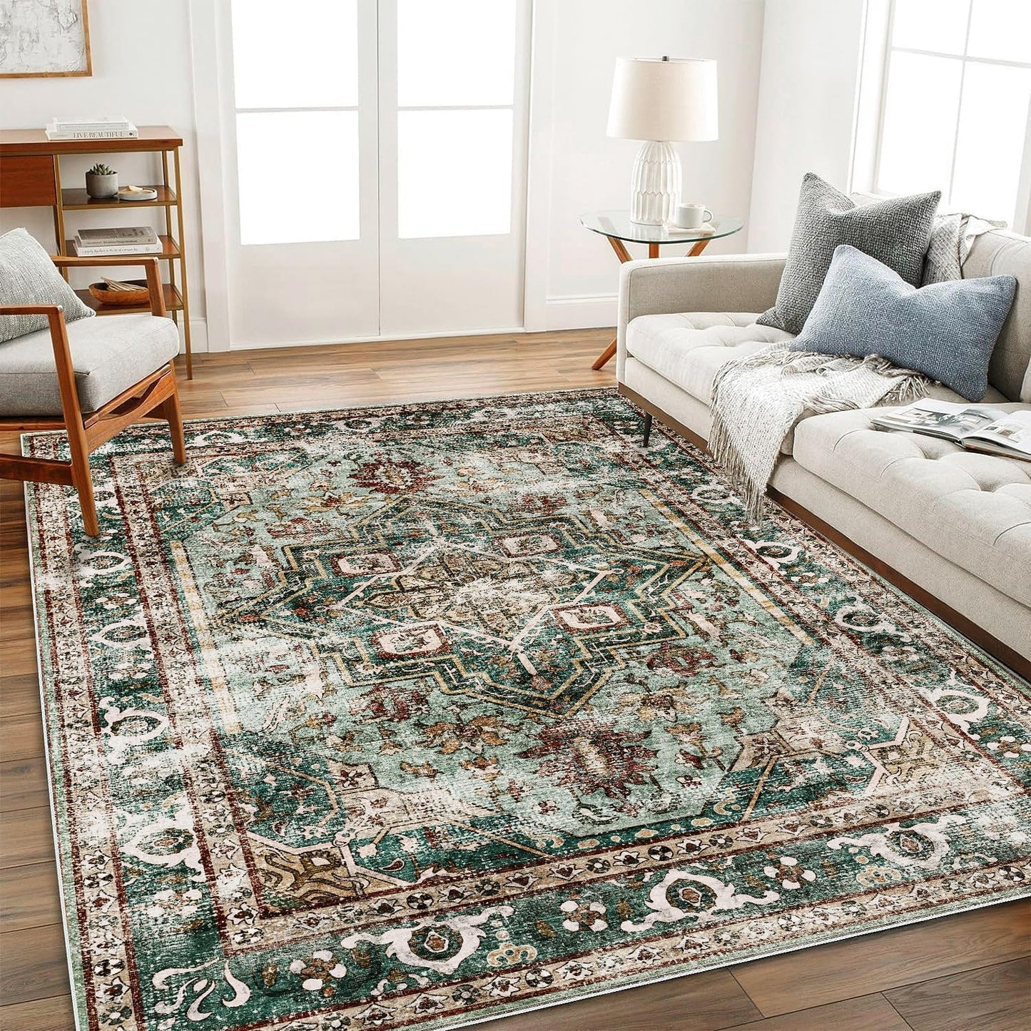 Green Area Rug 10'x14' Washable Vintage Traditional Mat Distressed Indoor Foldable Thin Retro Accent Floral Print Rug Non Slip Carpet for Living Room Dining Room Office