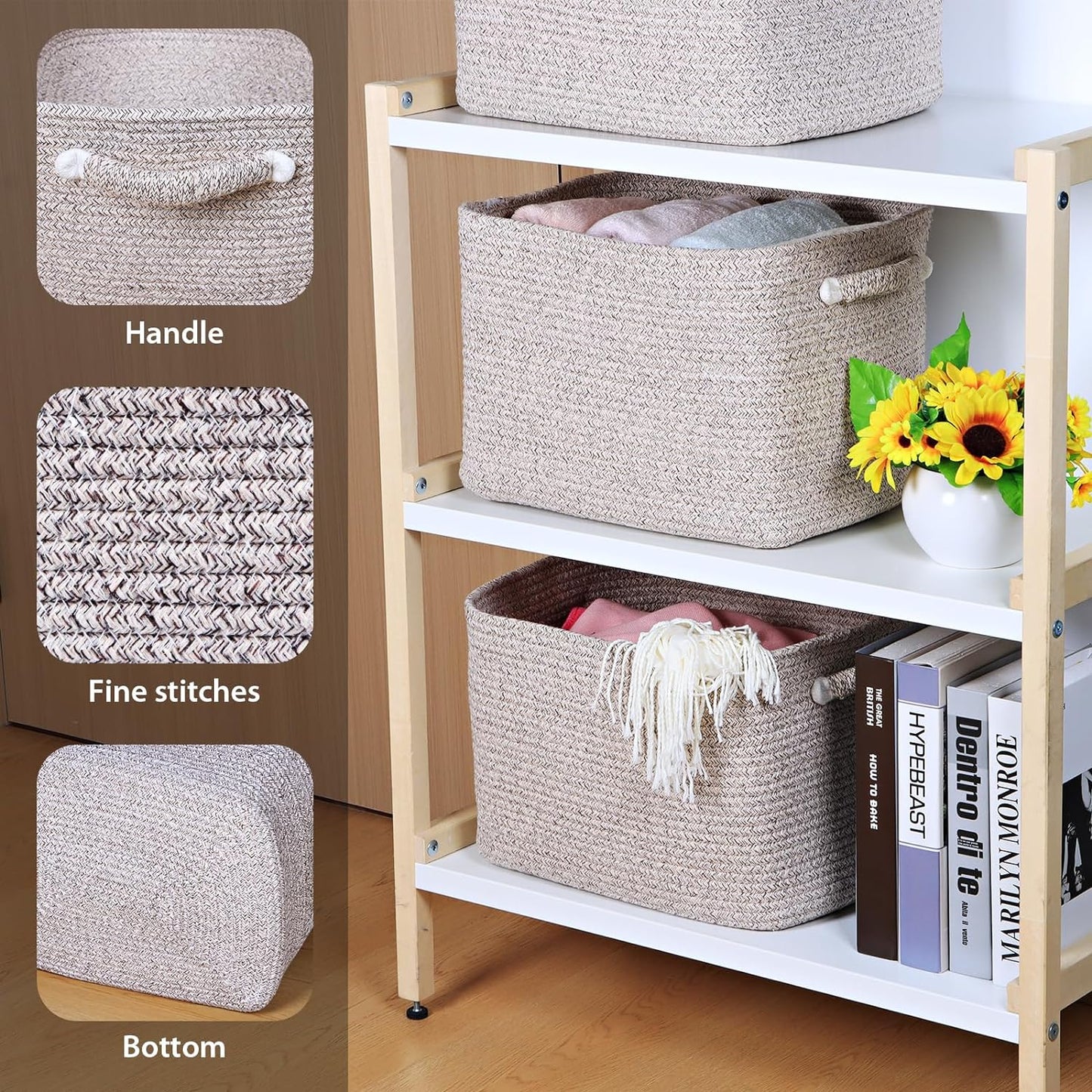 Kntiwiwo Storage Baskets for Organizing 14.7”x11”x9.6” Rope Storage Baskets for Shelves with Handles, Decorative Closet Baskets & Bins, Large Woven Baskets for Storage, Beige & Brown