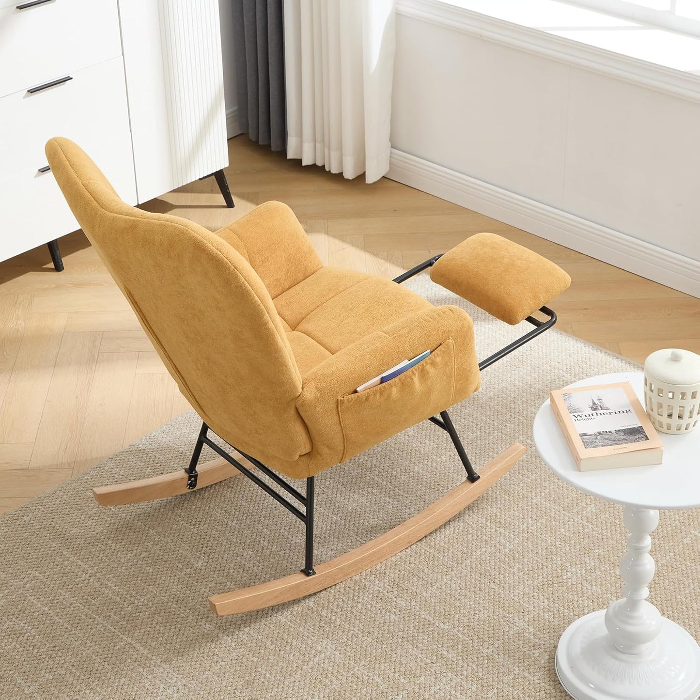 KEEZY Rocking Chair Nursery,Upholstered Glider Chair Padded Seat with High Backrest,Reading Chair,Armchair Comfy Side Chair for Living Room Bedroom Offices (Yellow)