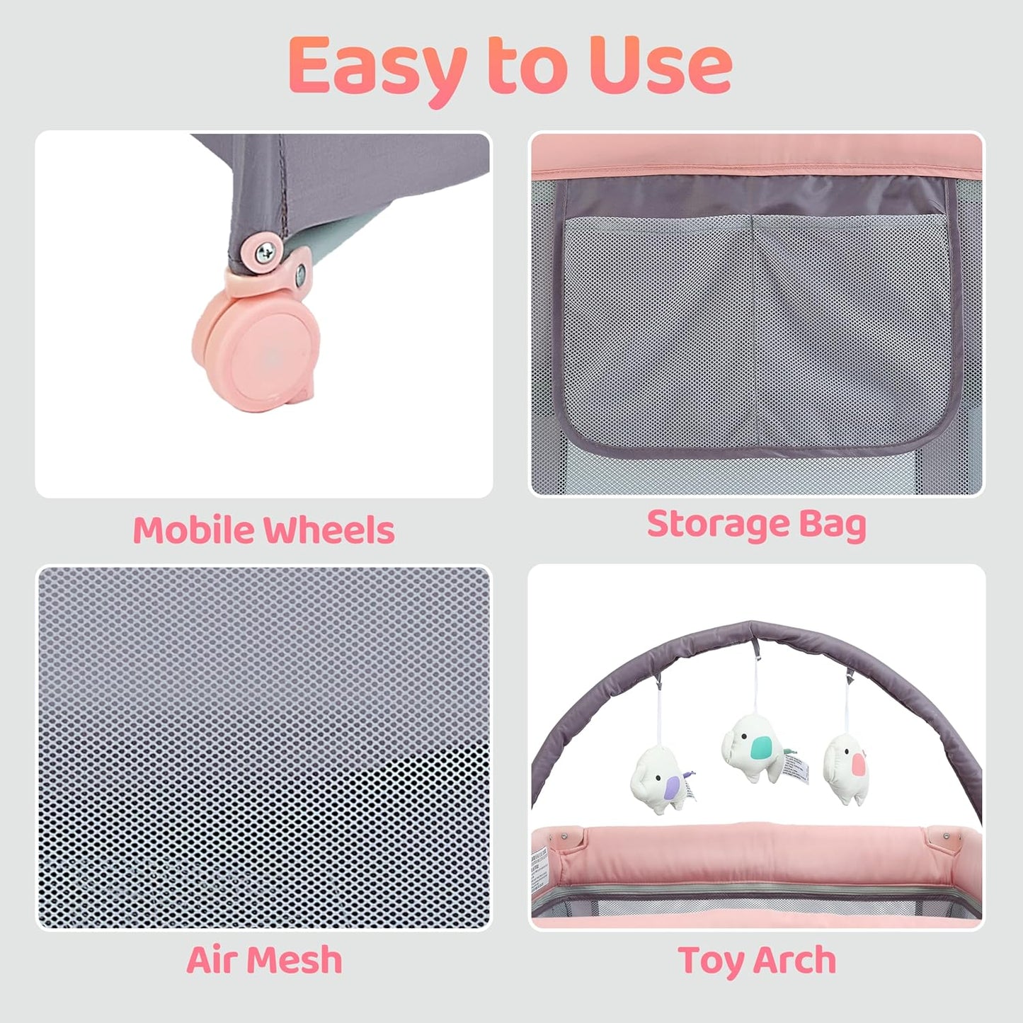 Pamo Babe Portable Playard with Mat Pad and Toy Bar Pink Play Yard for Baby